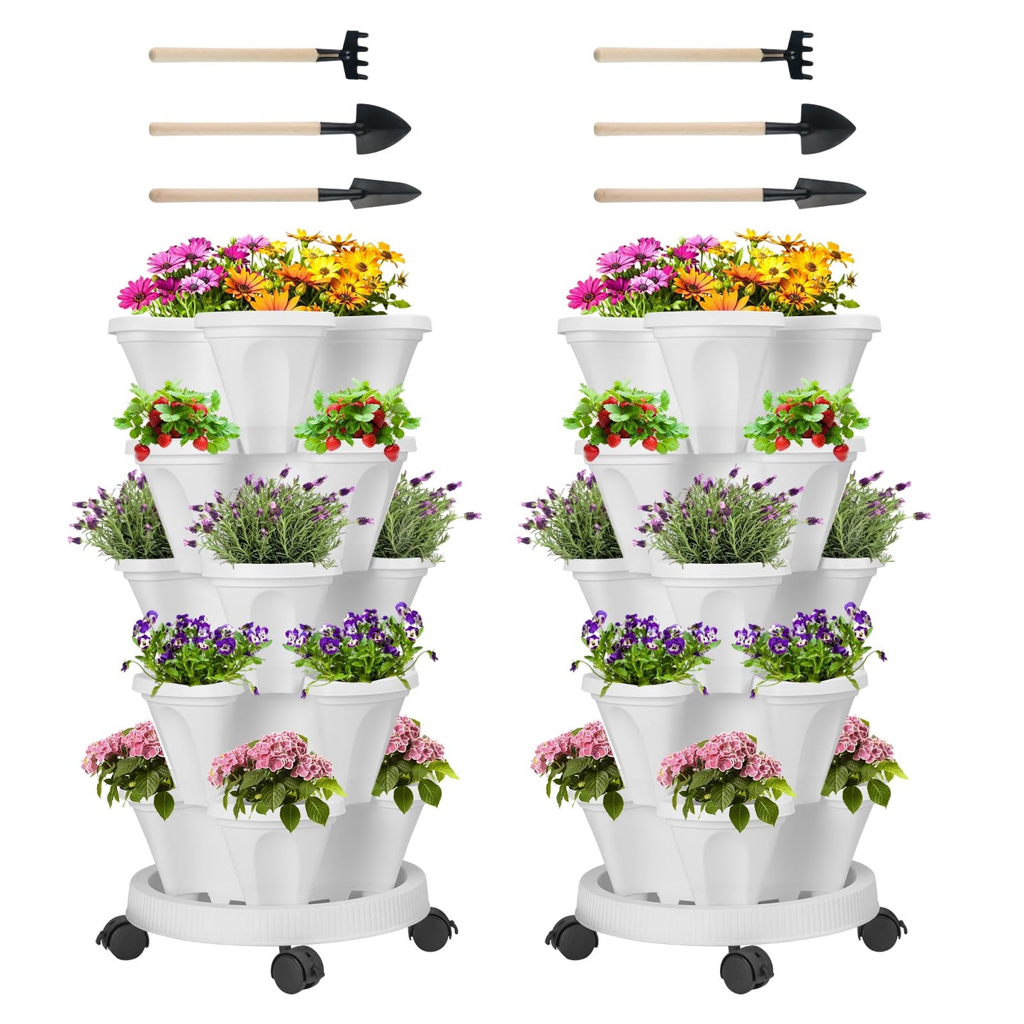 GameXcel Vertical Planter Tower - Multi-Tier Stackable Garden Planters with Wheels and Tools Plant Pots for Strawberry Herb Flower and Vegetable Indoor Outdoor Use Multicolor