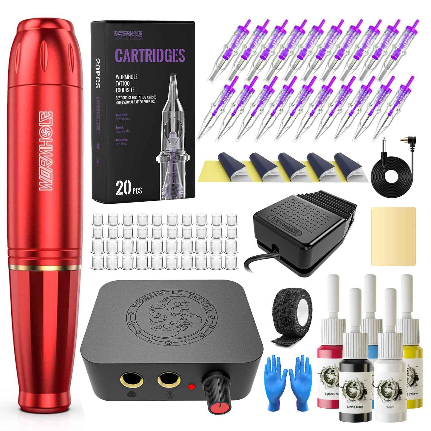 Tattoo Kit, Wormhole Tattoo Gun Kit Tattoo Pen Kit Cartridge Tattoo Machine Kit for Beginners Rotary Tattoo Machine Pen Kit Tattoo Pen Type Machine Kit Professional Complete Tattoo Kit Tattoo Supplies