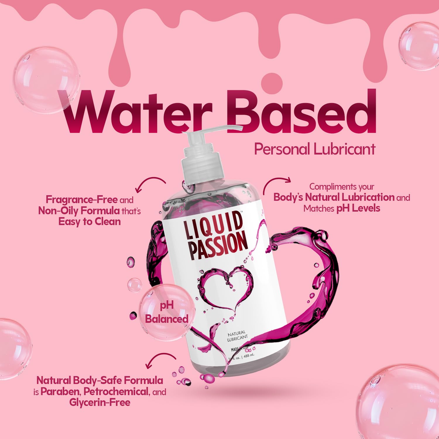 Liquid Passion Natural Water-Based Personal Lube, pH Friendly, Fragrance-Free & Hydrating, Safe for Toys & Condoms. Made in USA