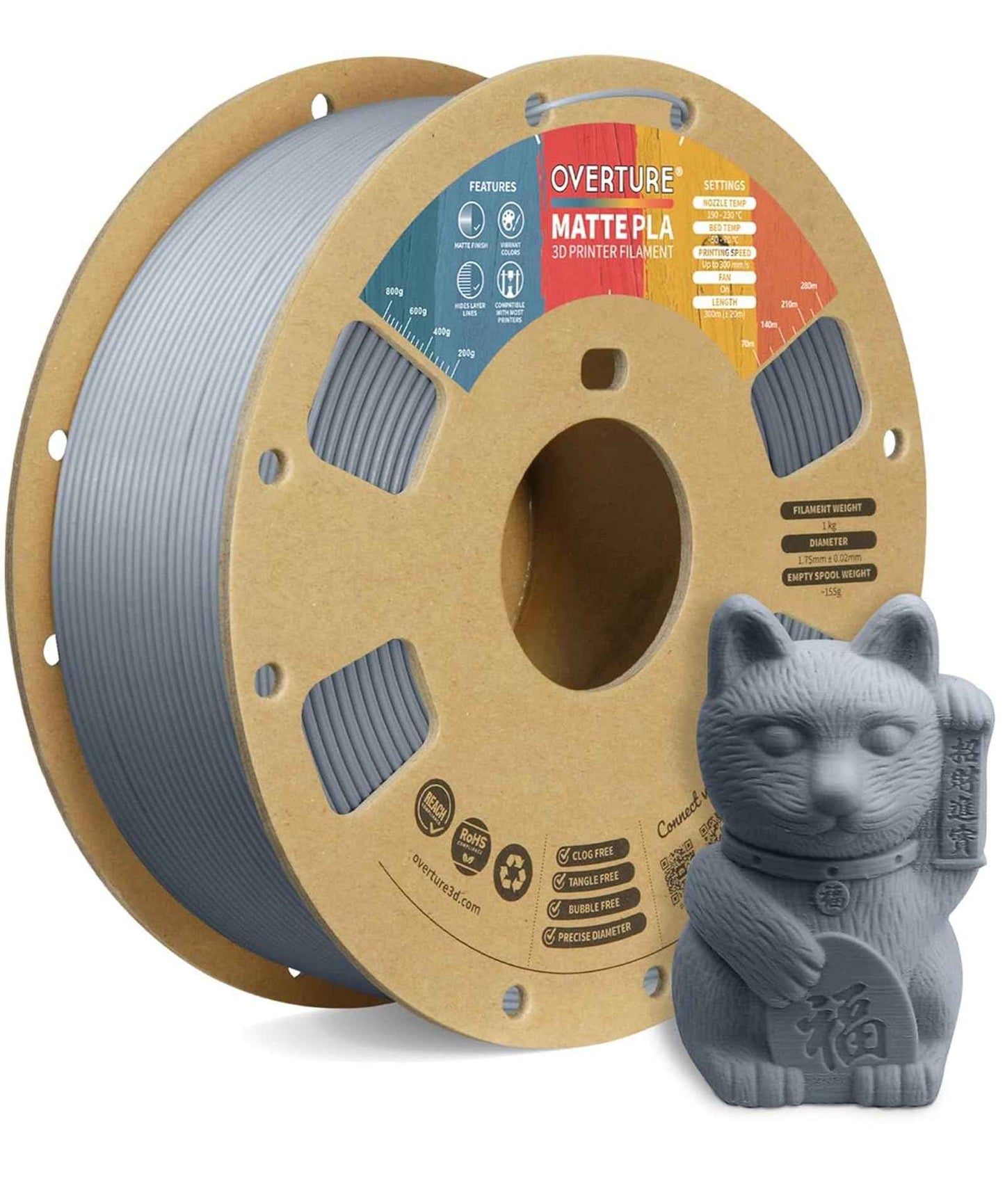 OVERTURE Matte PLA 3D Printer Filament 1.75mm, Matt Surface & Low Warping Filament 1kg Spool (2.2 lbs), Accuracy +/- 0.02 mm, Fit Most FDM Printers