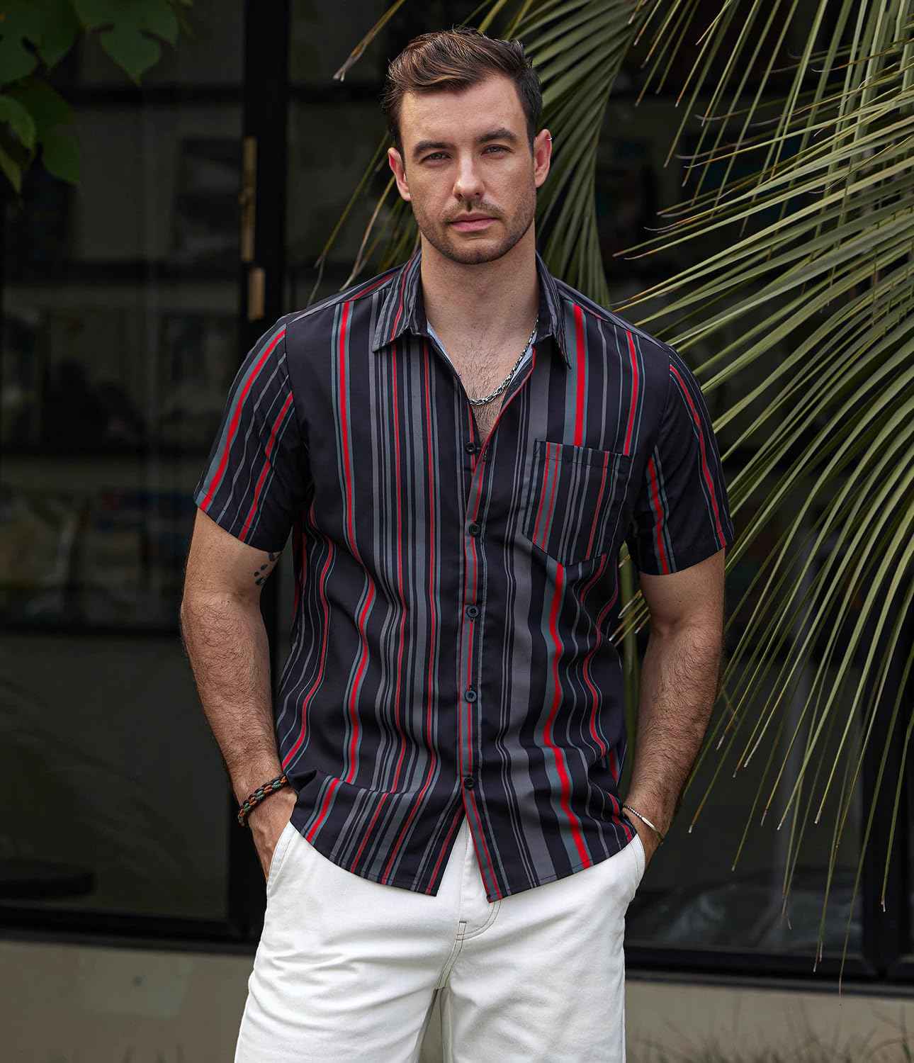 VATPAVE Mens Striped Summer Shirts Casual Button Down Short Sleeve Beach Stylish Untucked Hawaiian Shirts