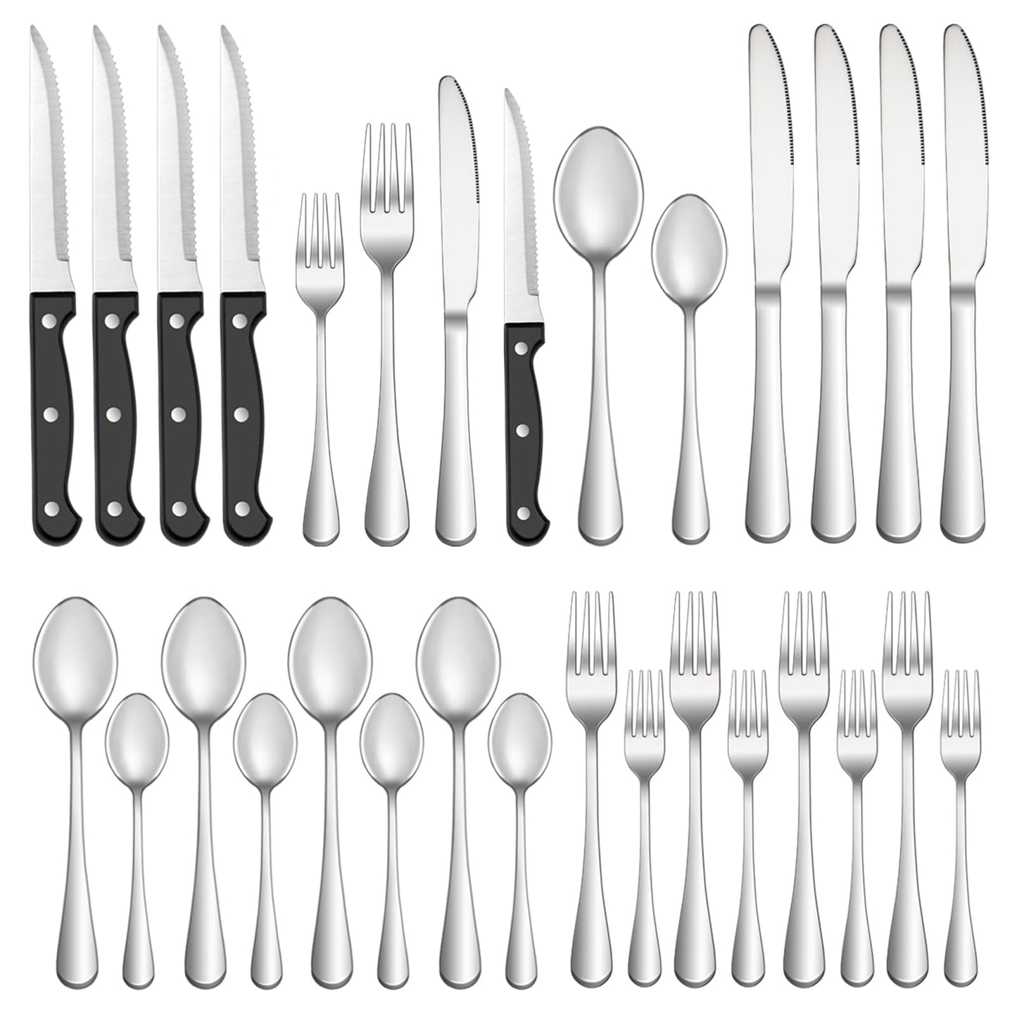 24 Pc Silverware Set with Steak Knives, Stainless Steel Flatware, Mirror Polished Cutlery, Dishwasher Safe
