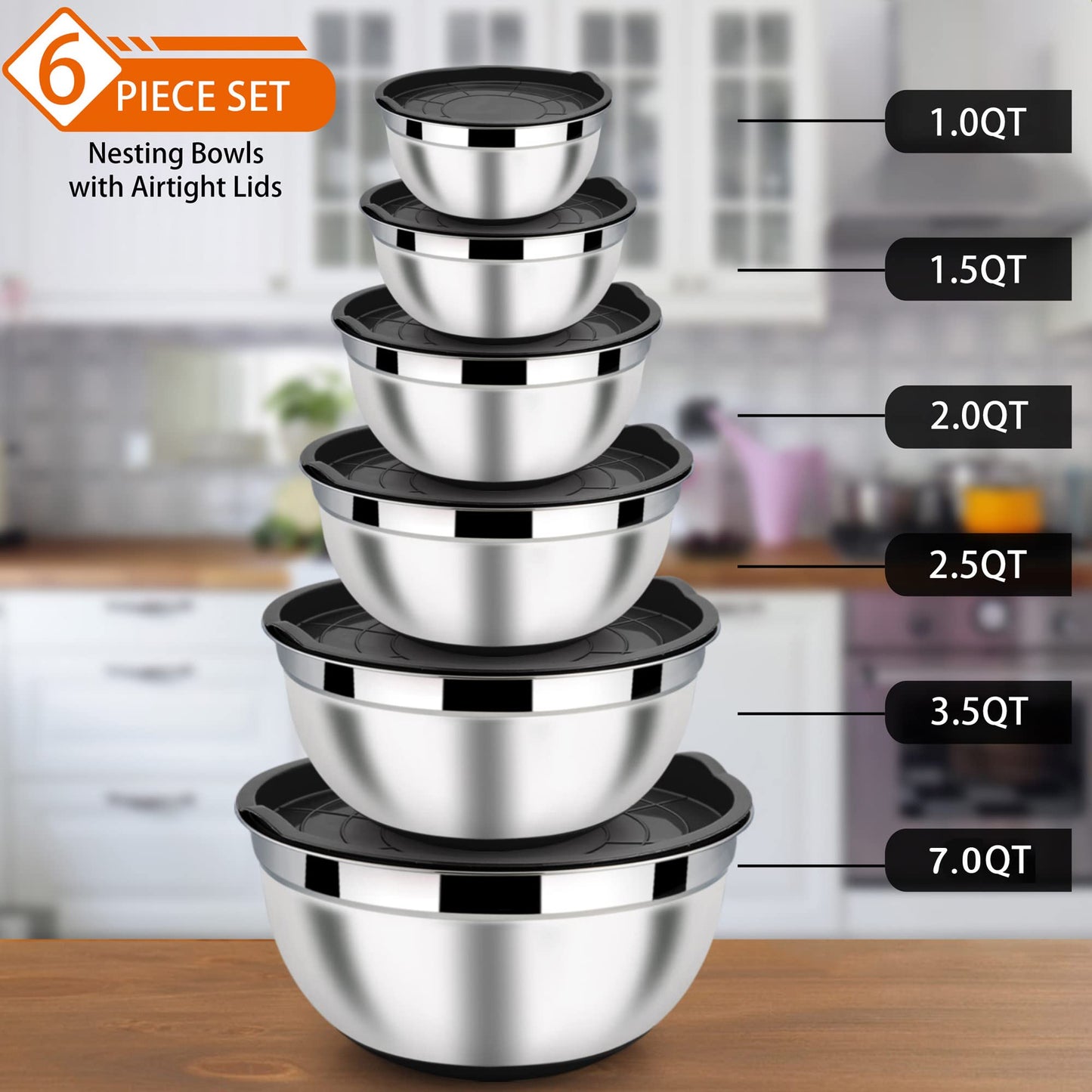 LIANYU 6-Piece Stainless Steel Mixing Bowls with Lids Set