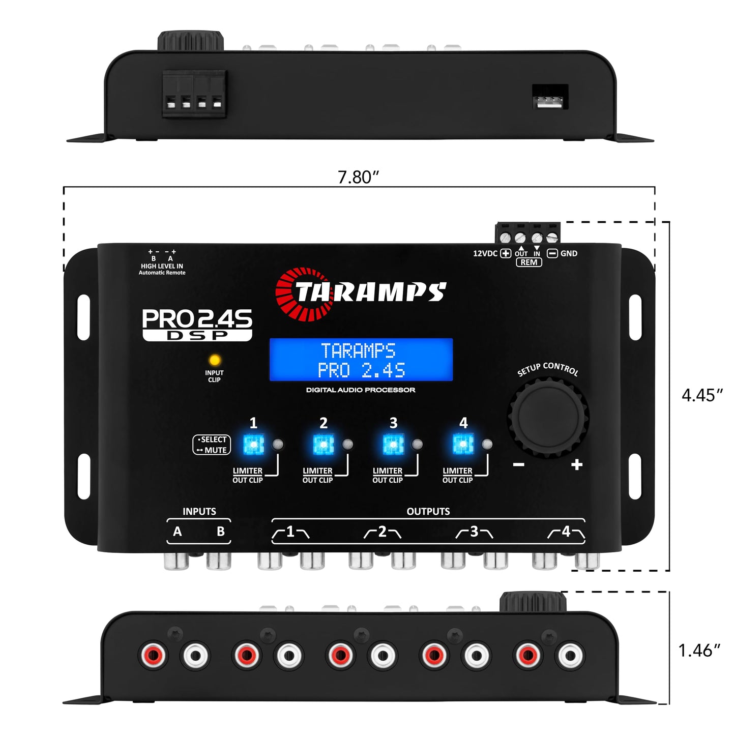 Taramps Pro 2.4S DSP Crossover Full Digital Signal Processor and Equalizer with sequencer 15-Band Graphic Equalization 12 preset EQ 2-Channel in and 4-Channel Out