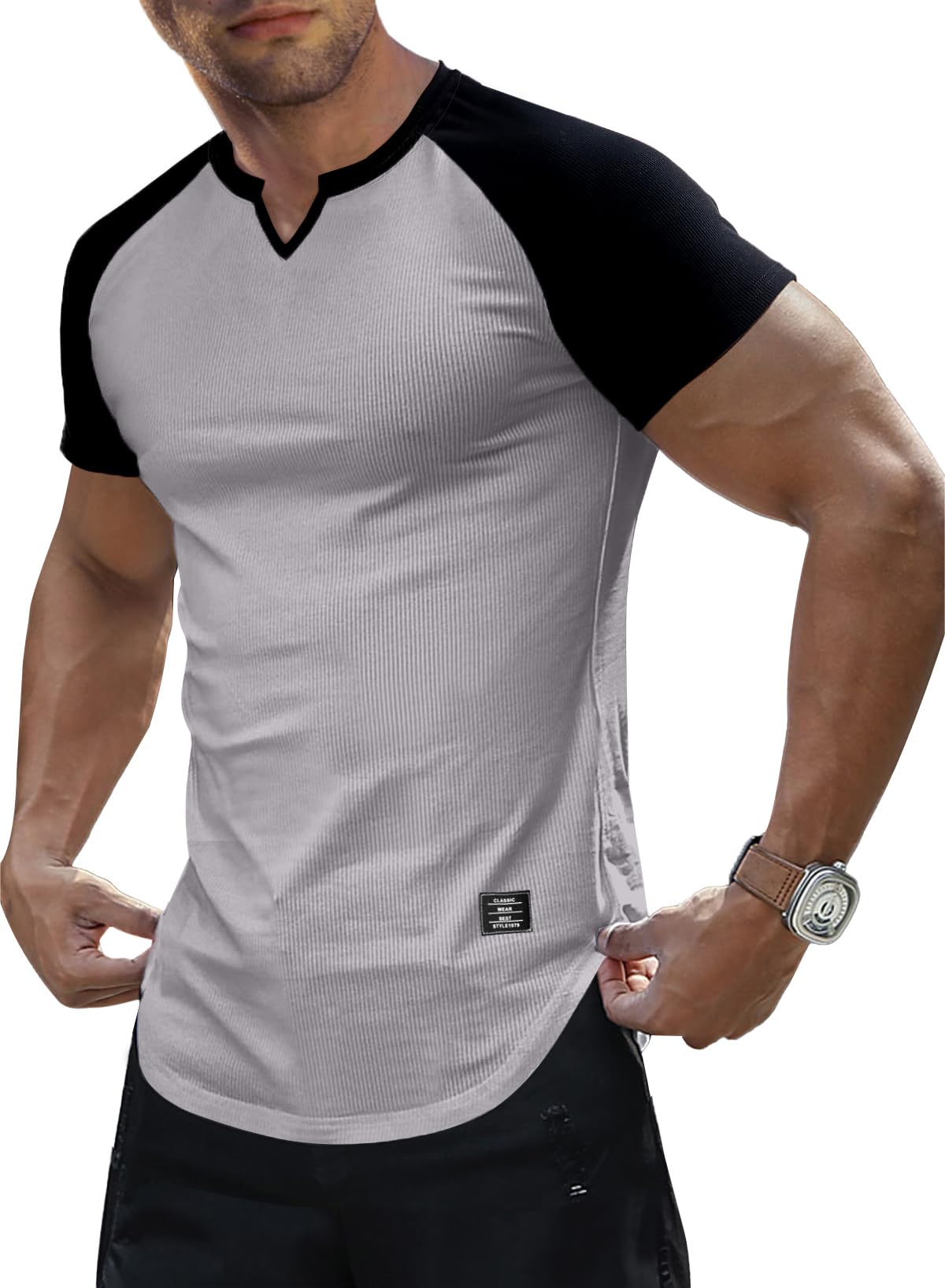 JMIERR Mens Muscle Slim T Shirts Texture V Neck Longline Henley Gym Workout Athletic Tee Shirt