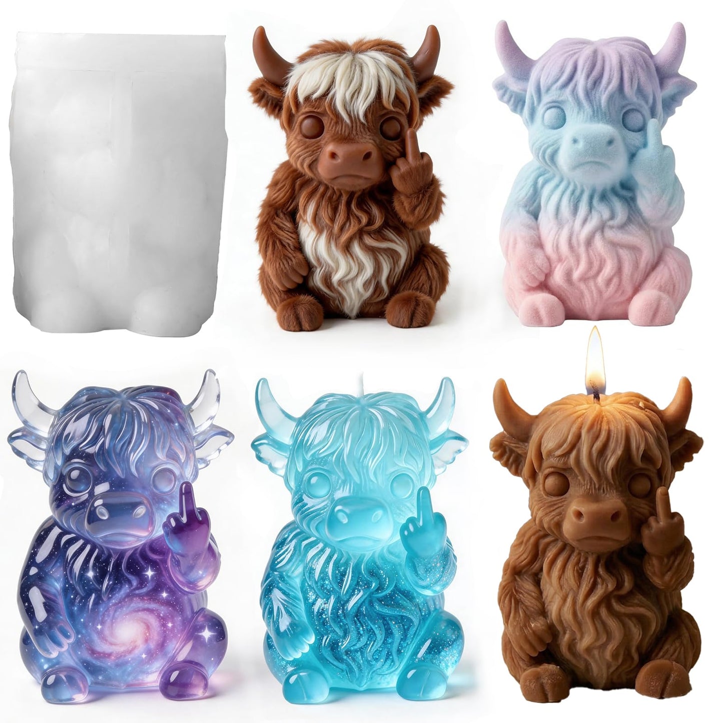QUDYNZAL 1Pc 3D Highland Cow Resin Silicone Mold Funny Animal Epoxy Candle Mold for Resin Casting Candle Soap Making DIY Concrete Plaster Crafts Gag Gifts Quirky Desk Decor Easy Release