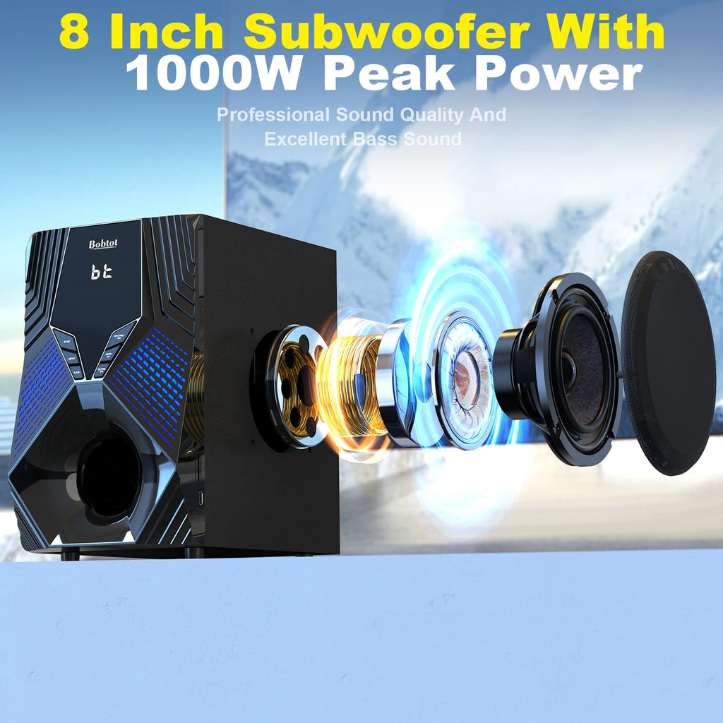Bobtot Home Theater System, 1000 Watts Peak Power Surround Sound Systems 5 Wired Satellite Audio Speakers 8" Subwoofer 5.1/2.1 Channel Deep Bass with ARC Optical Bluetooth AUX Input