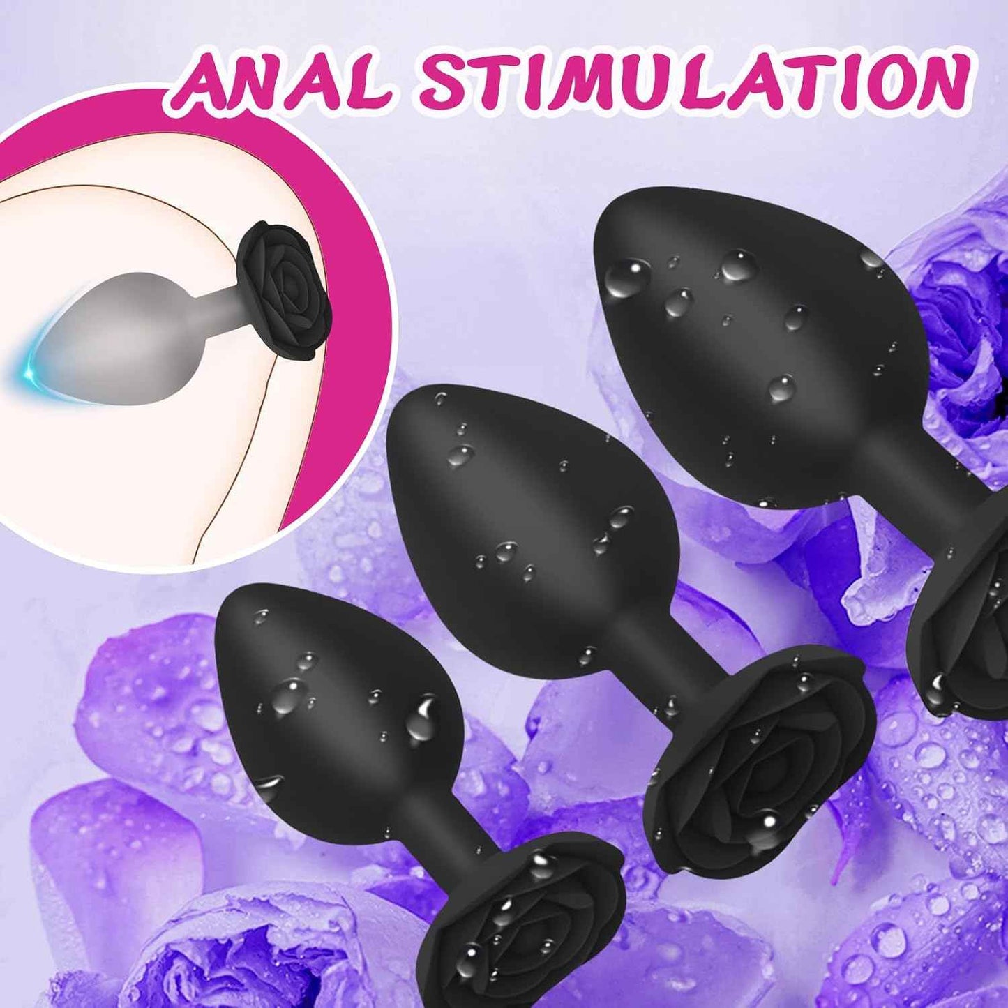 Anal Plug Rose Sex Toys,3PCS Silicone Butt Plugs Training Kit,Prostate Massager for Starter Beginner Men Women Couples(Black)