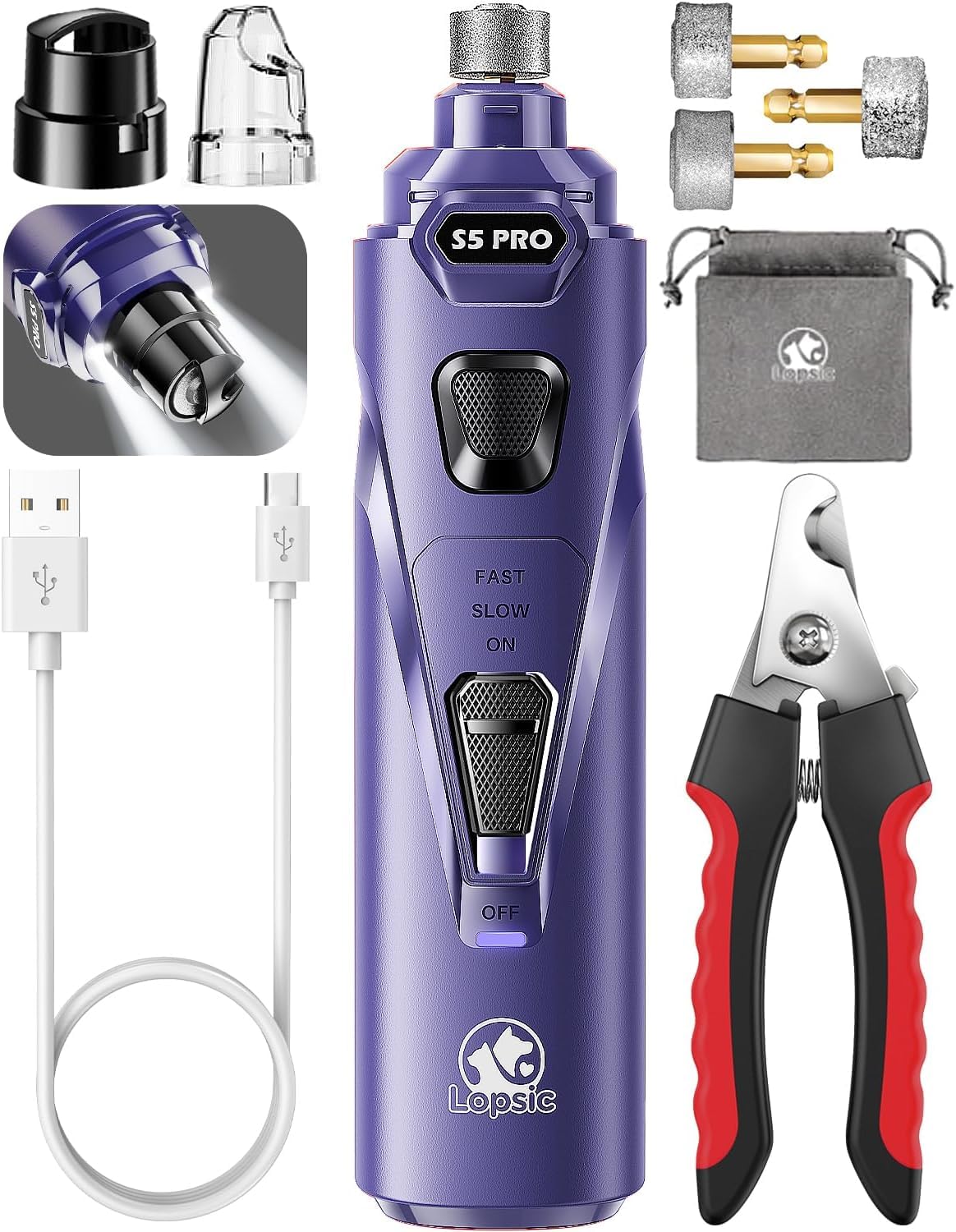 LOPSIC Whisper Quiet Dog Nail Grinder with LED Light, Safe & Stress-Free for Sensitive Dogs of All Breeds & Sizes, 3 Grinding Bits, 3-Speed, Pet Nail Trimmers, Rechargeable Painless Grooming Kit