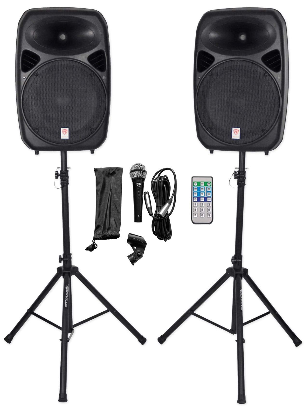 Rockville RPG152K Pair 15" Powered DJ/PA Speakers with Bluetooth/USB/SD, (2) Rugged Tripod Speaker Stands, Wired Microphone, Connection Cables