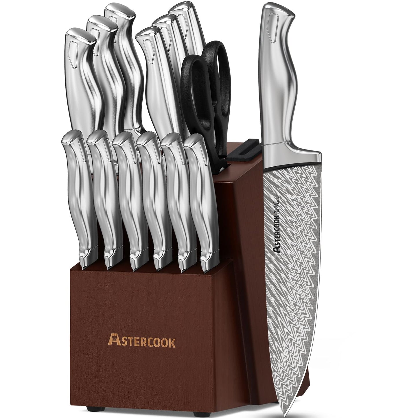 Astercook Knife Set, Kitchen Knife Set with Block, Built-in Knife Sharpener, German Stainless Steel Knife Block Set