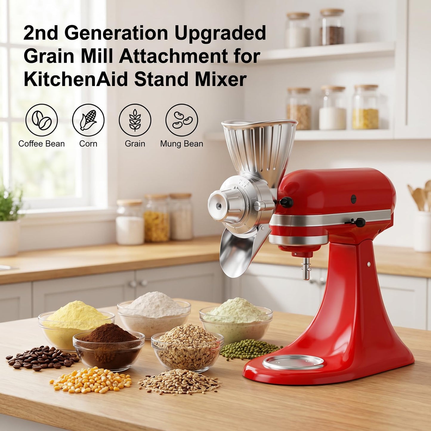 Grain Mill Attachment for KitchenAid Stand Mixer, 9-Speed Metal Flour Mill for KitchenAid, Household Grain Mill Grinder Fit for Grinding Wheat, Corn, Oats, Buckwheat, Millet, Coffee Beans by InnoMoon