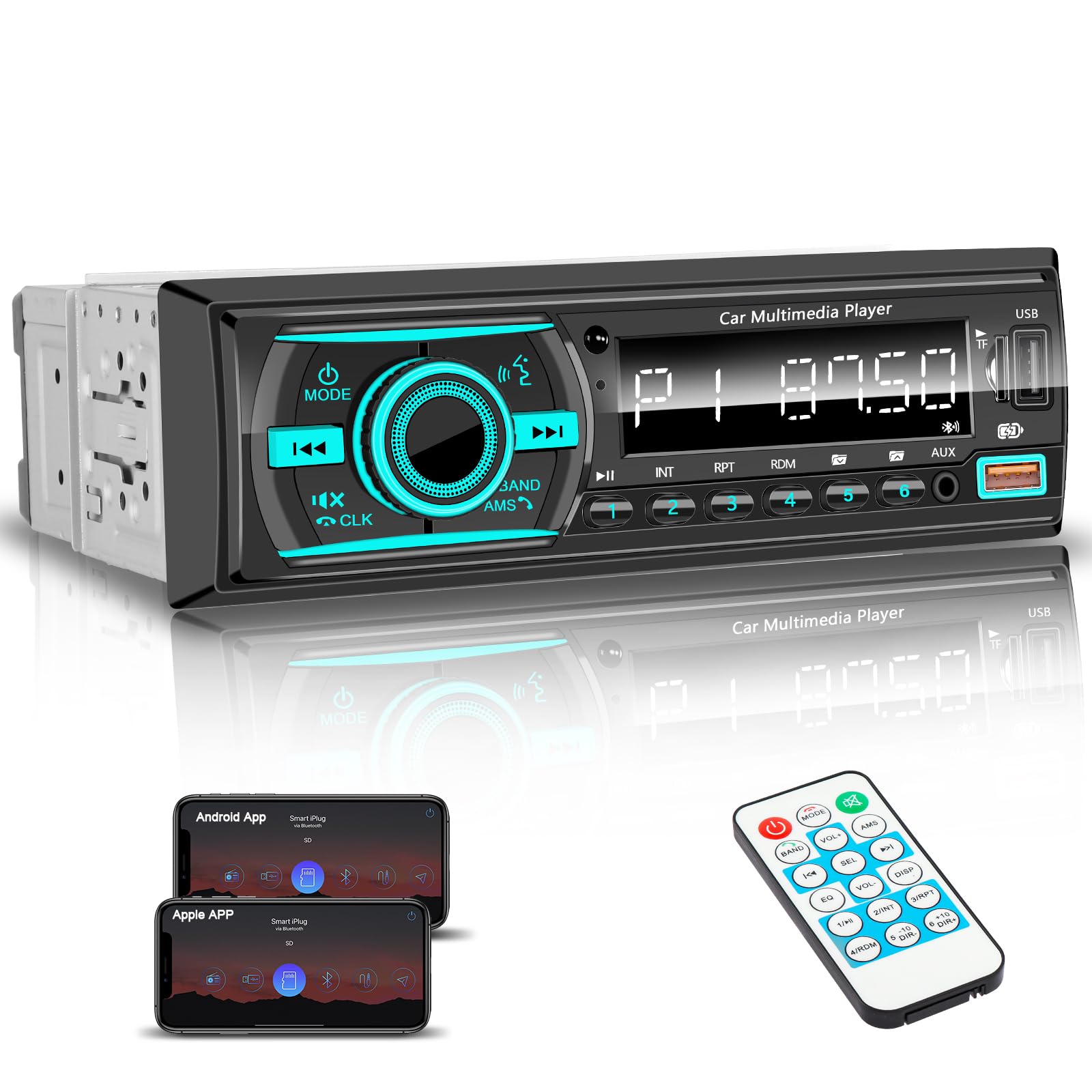 Marine Radio Single DIN Bluetooth Car Stereo System, Boat Radio Receiver Head Unit with Built-in Mic, Digital LCD, FM, EQ, MP3, RCA, USB, TF Card & Remote Control for Audio Upgrade