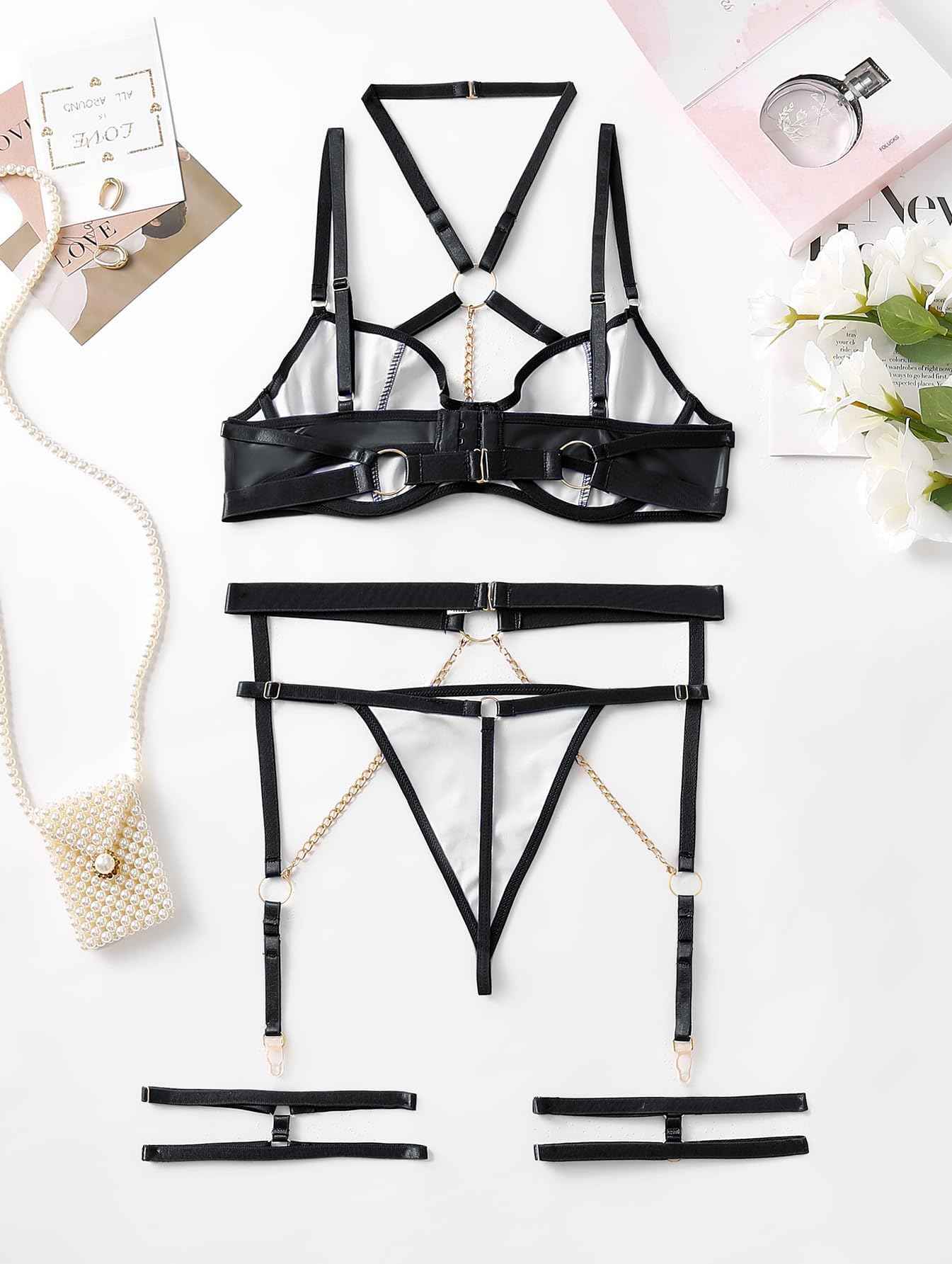 Lilosy Sexy PU Leather Garter Belt Lingerie Set with Underwire Straps