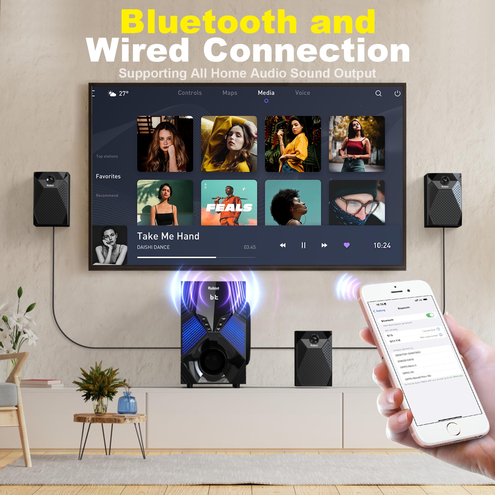 Bobtot Home Theater System, 1000 Watts Peak Power Surround Sound Systems 5 Wired Satellite Audio Speakers 8" Subwoofer 5.1/2.1 Channel Deep Bass with ARC Optical Bluetooth AUX Input
