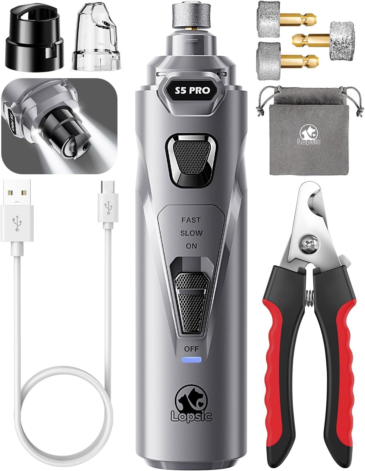LOPSIC Whisper Quiet Dog Nail Grinder with LED Light, Safe & Stress-Free for Sensitive Dogs of All Breeds & Sizes, 3 Grinding Bits, 3-Speed, Pet Nail Trimmers, Rechargeable Painless Grooming Kit