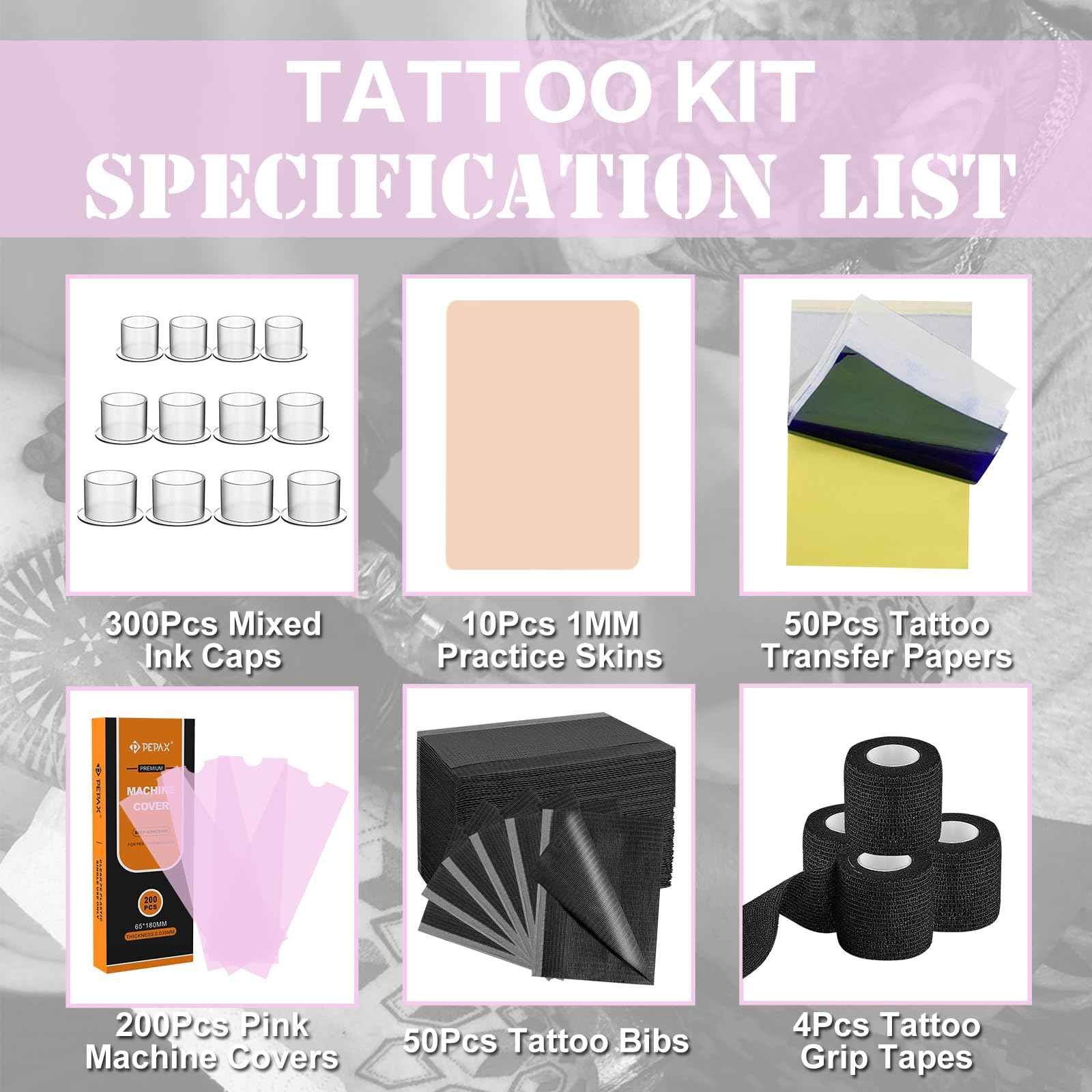 Anghie Professional Tattoo Practice Skin Kit 614Pcs Including 200 Large Pen Machine Covers 10 Fake Skins 50 Transfer Papers 300 Ink Caps 4 Machine Wraps 50 Dental Bibs for Beginners Tattoo Supplies