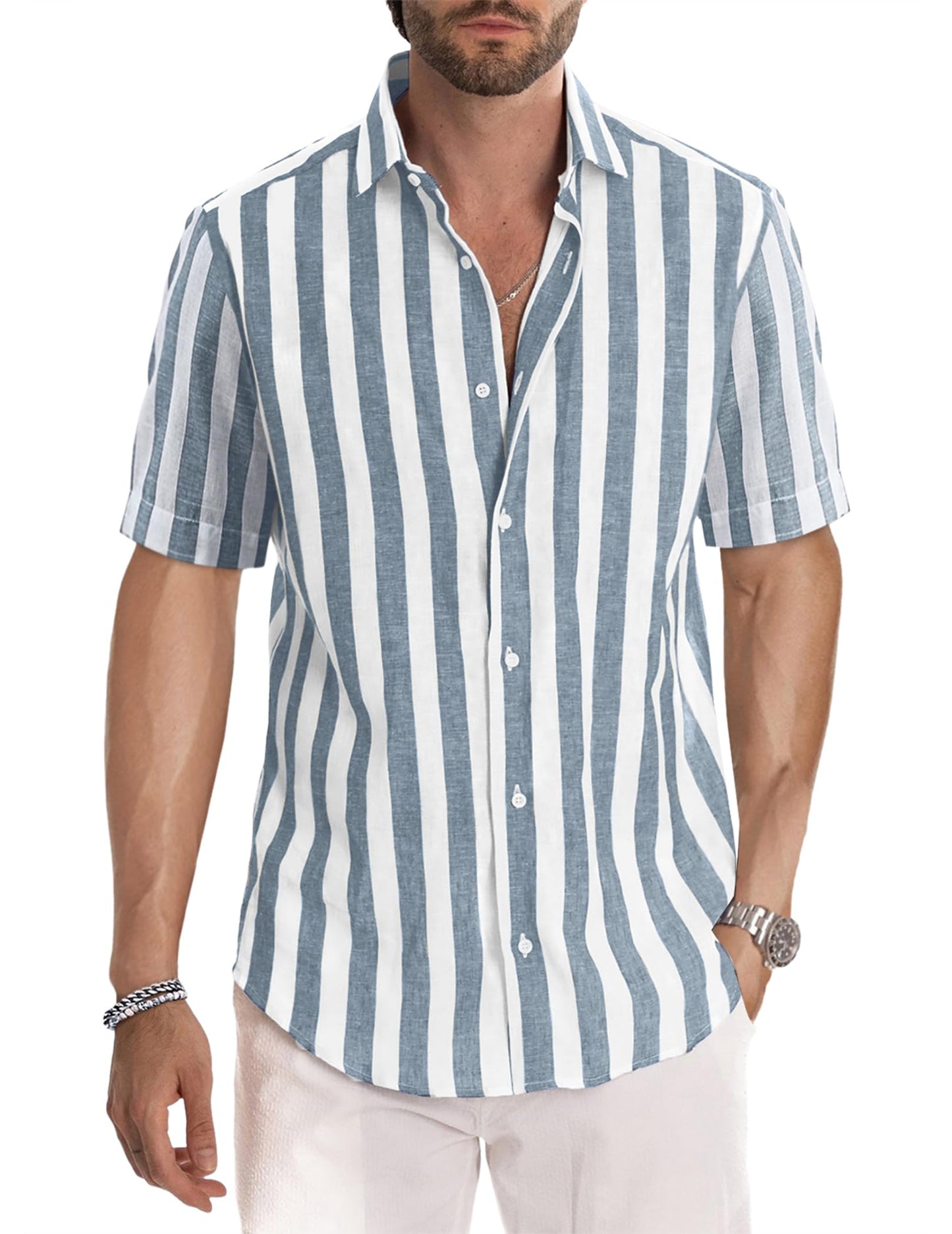 JMIERR Men's Casual Stylish Short Sleeve Button-Up Striped Dress Shirt Cotton Beach Shirts
