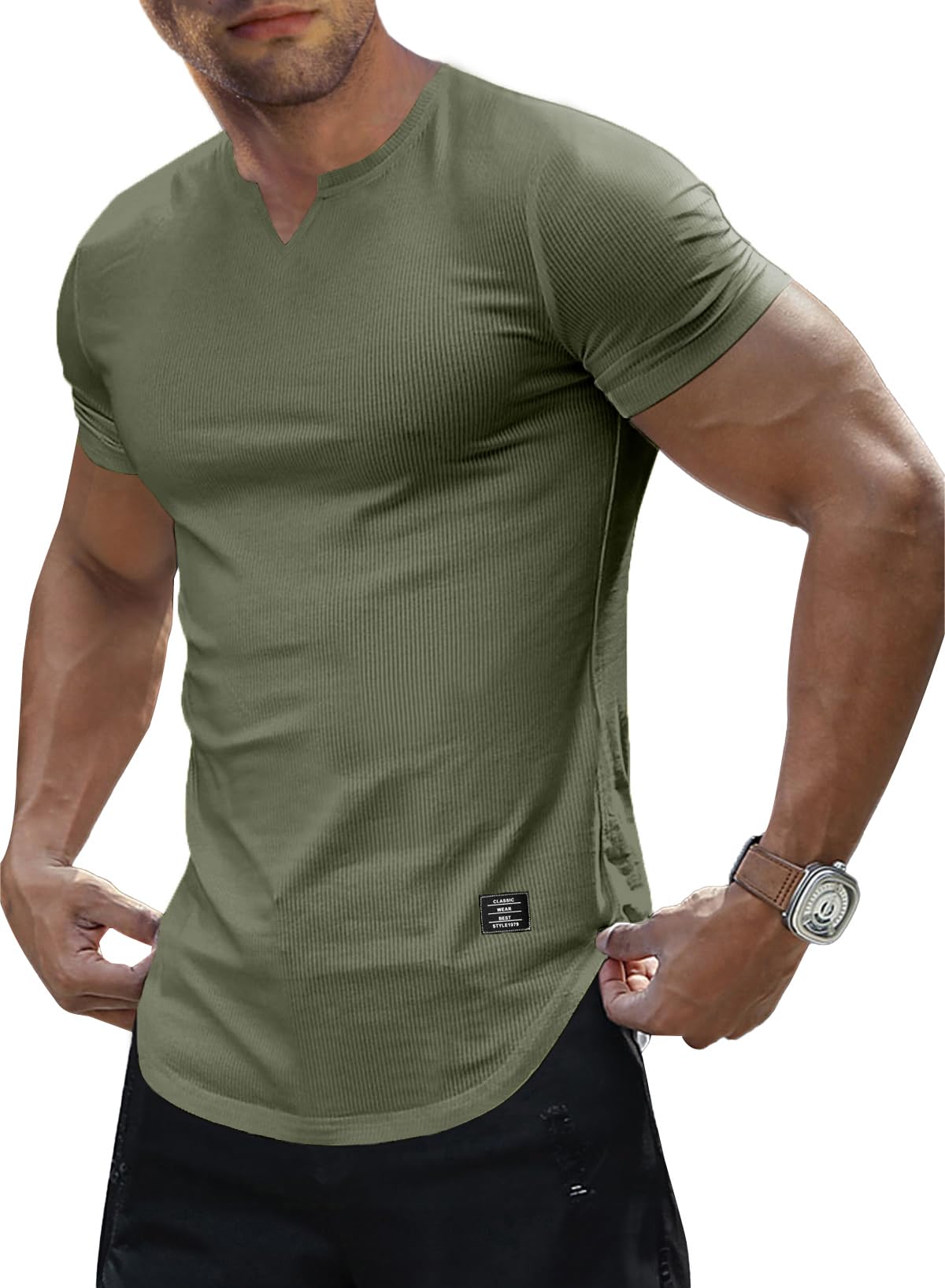 JMIERR Mens Muscle Slim T Shirts Texture V Neck Longline Henley Gym Workout Athletic Tee Shirt