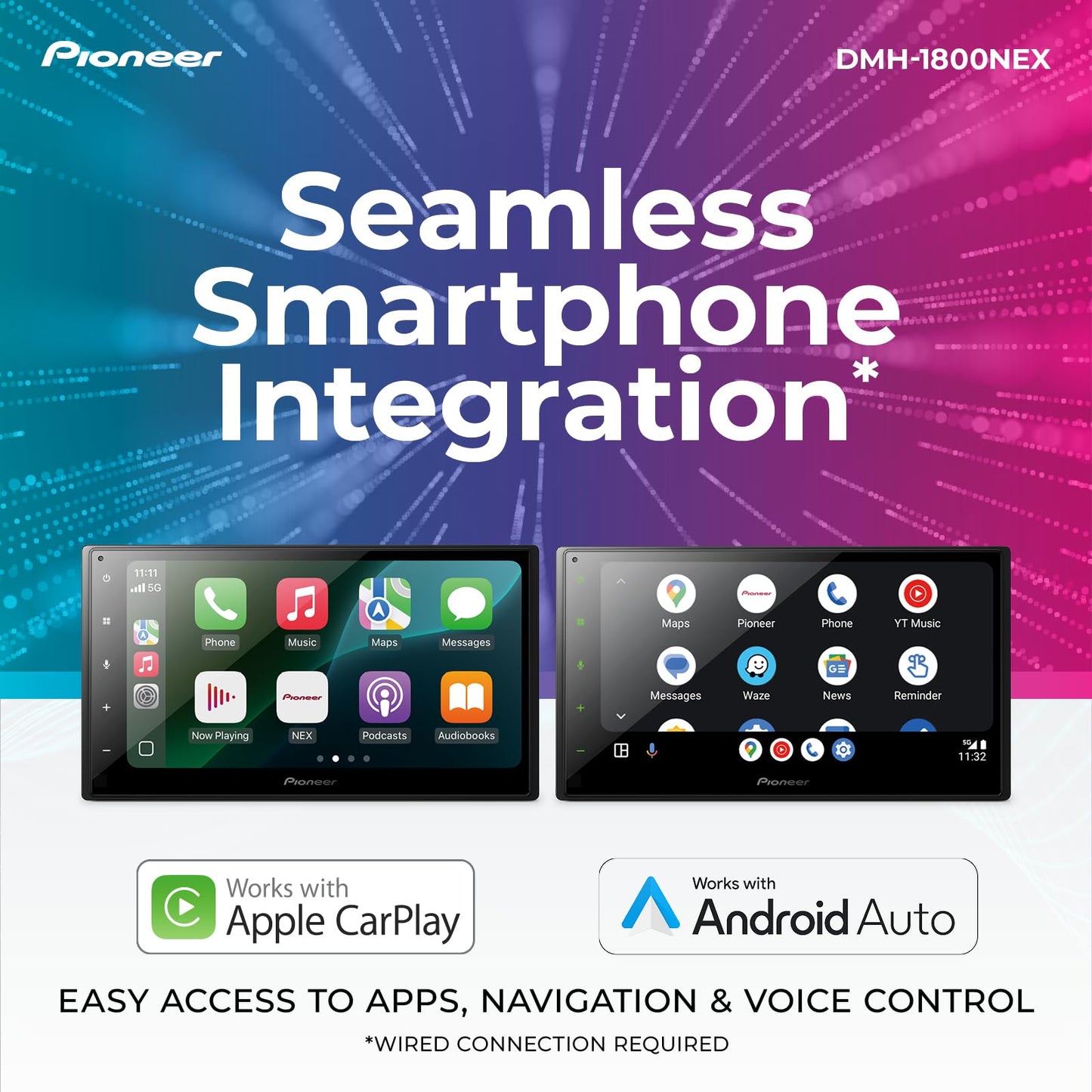 Pioneer DMH-1800NEX 6.8" Double-Din Digital Multimedia Receiver - Built in Bluetooth, Wired Apple CarPlay and Android Auto, Touchscreen, Rear Camera Input