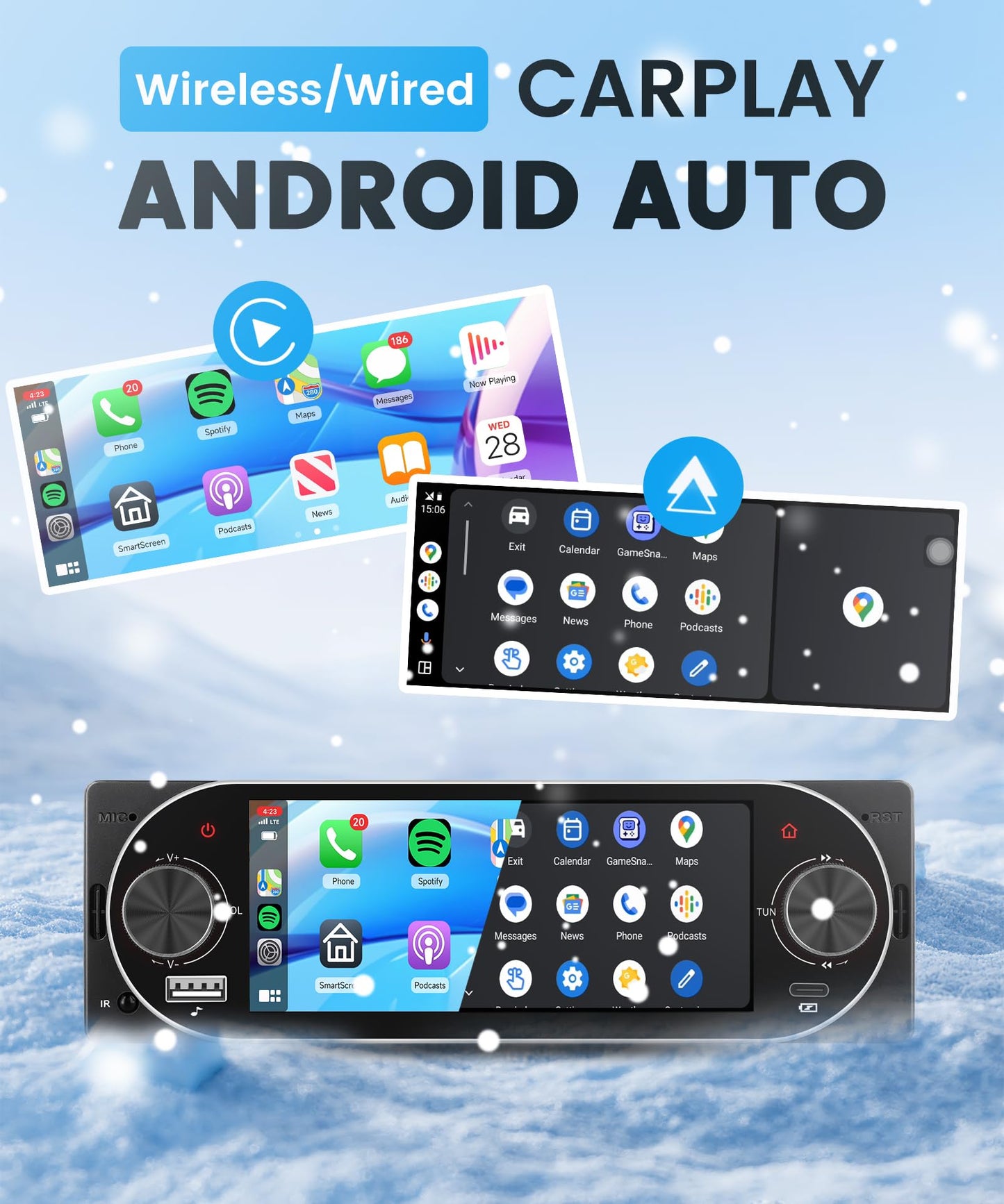 Rimoody Single Din Car Stereo with Wireless CarPlay & Android Auto, 5.1 Inch Touch Screen Car Radio with Bluetooth 5.2, FM/RDS, EQ, SWC/MIC, USB/Type-C, Backup Camera Car Audio Receiver