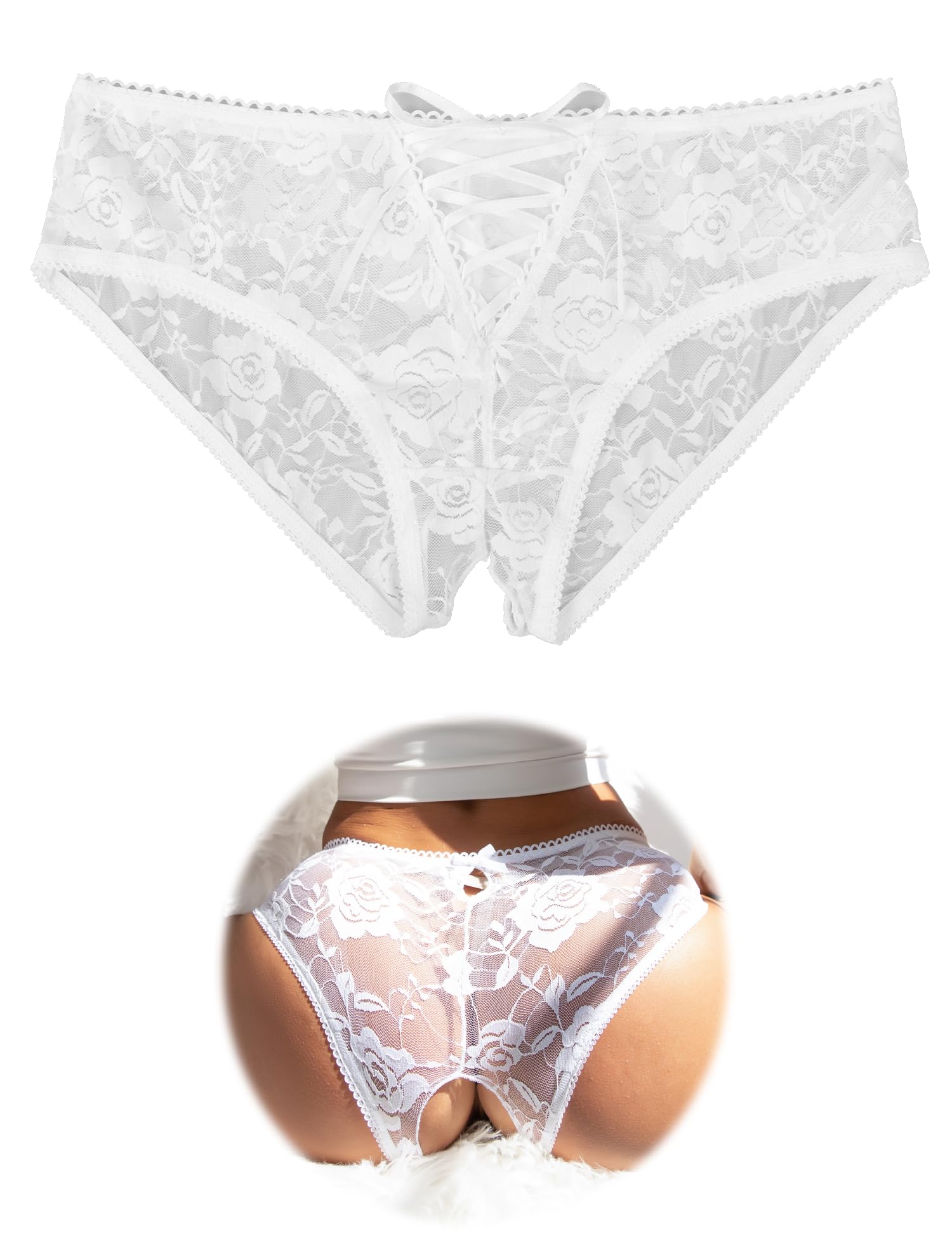 ohmydear Womens Lace Boyshorts Crotchless Sexy Panties Crisscross Strappy Underwear Plus Size Hipster Briefs XS-4XL