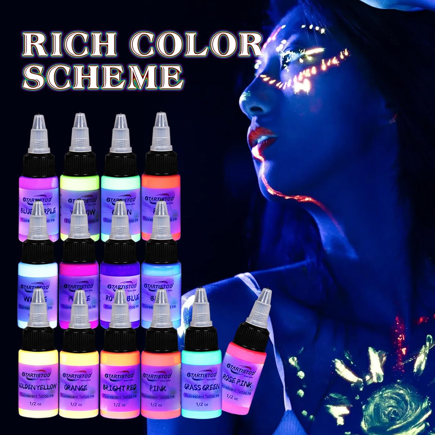 GTARTISTOO Professional Tattoo Ink Set 14 Colors 15ml Fluorescent