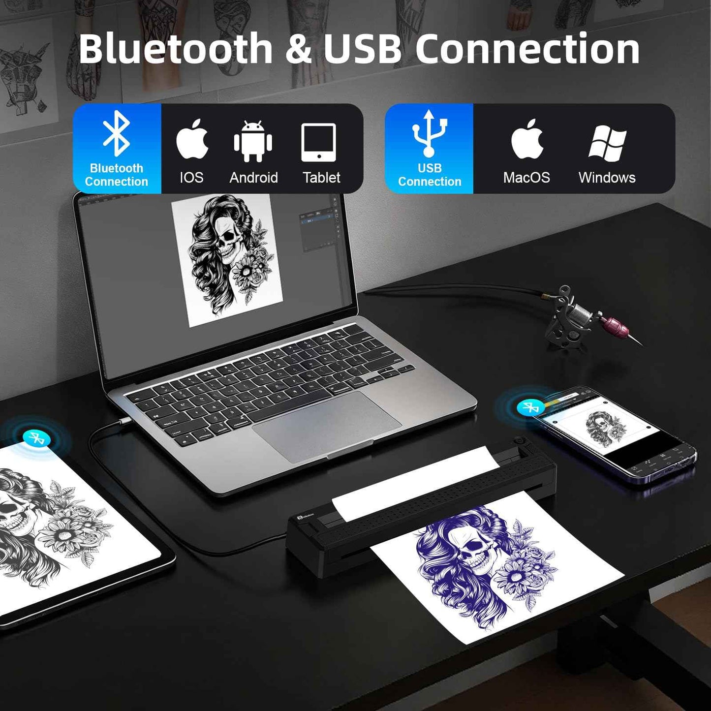Milestone Tattoo Stencil Printer, Wireless Portable Thermal Tattoo Transfer Printer Machine Kit for Tattooing