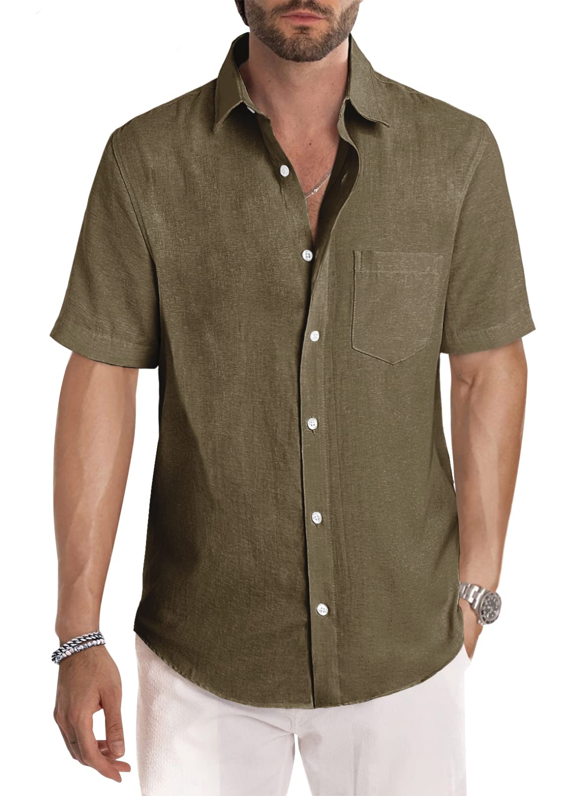 JMIERR Men's Casual Stylish Short Sleeve Button-Up Striped Dress Shirt Cotton Beach Shirts