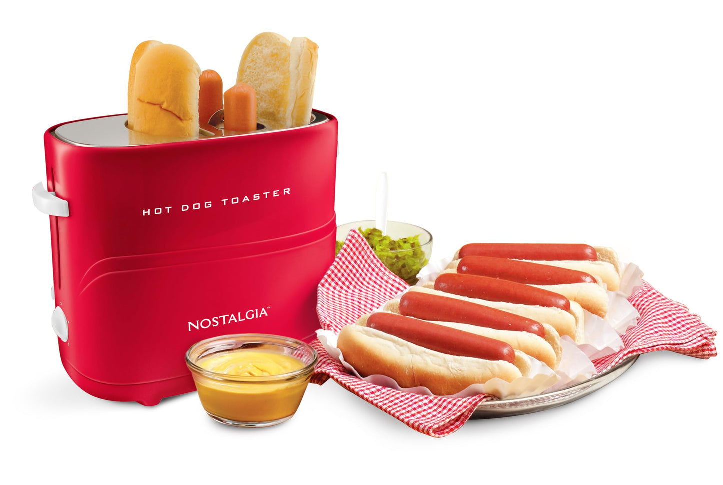 Nostalgia 2 Slot Hot Dog and Bun Toaster with Mini Tongs, Retro Toaster, Cooker that Works Chicken, Turkey, Veggie Links, Sausages Brats, Metallic Red