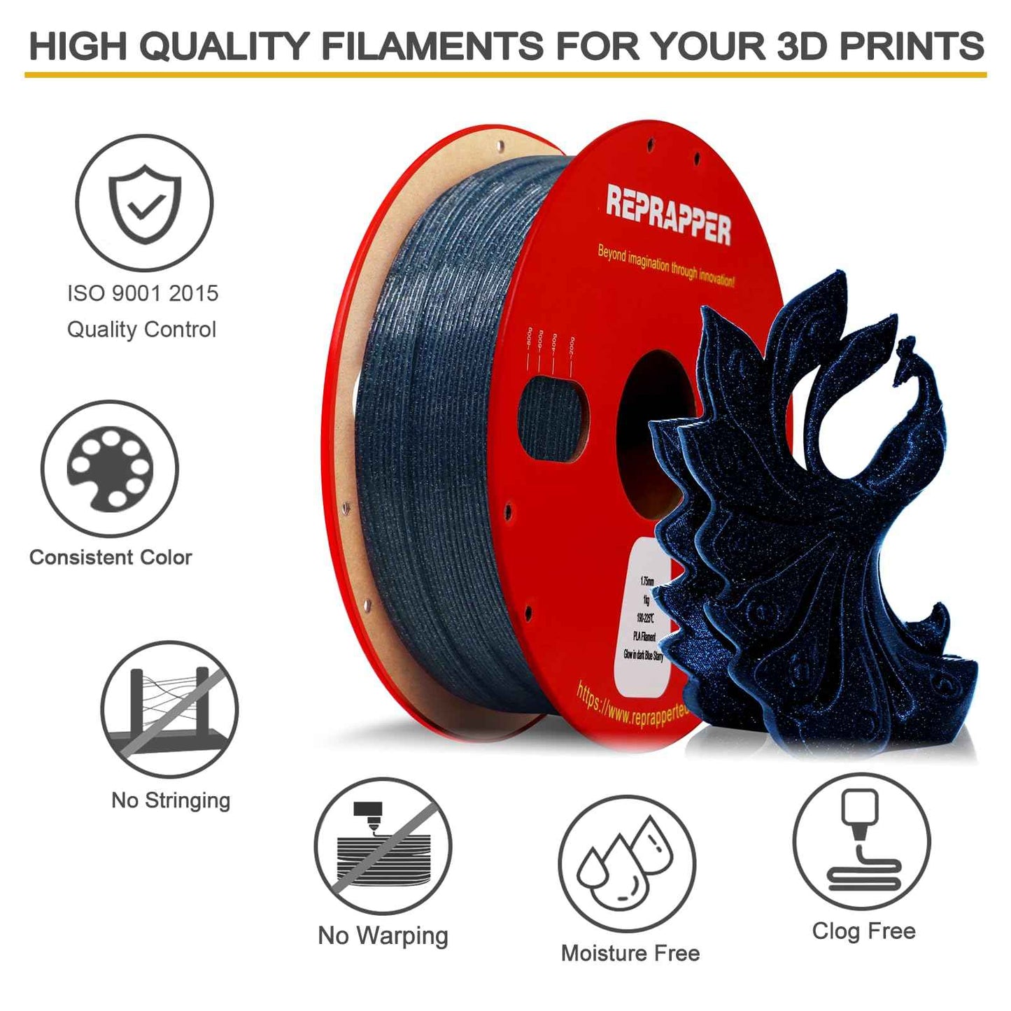 RepRapper PLA Filament Glow Dual PLA Filament 1KG for FDM 3D Printer
