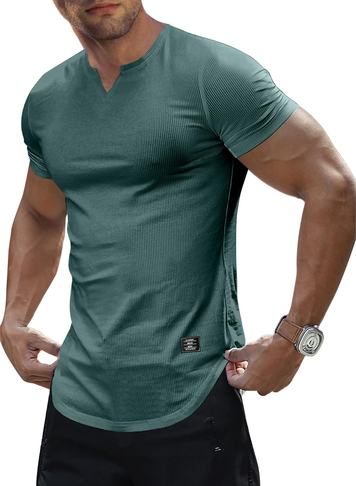JMIERR Mens Muscle Slim T Shirts Texture V Neck Longline Henley Gym Workout Athletic Tee Shirt