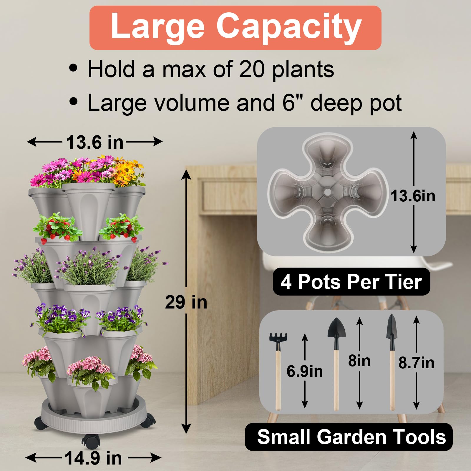 GameXcel Vertical Planter Tower - Multi-Tier Stackable Garden Planters with Wheels and Tools Plant Pots for Strawberry Herb Flower and Vegetable Indoor Outdoor Use Multicolor