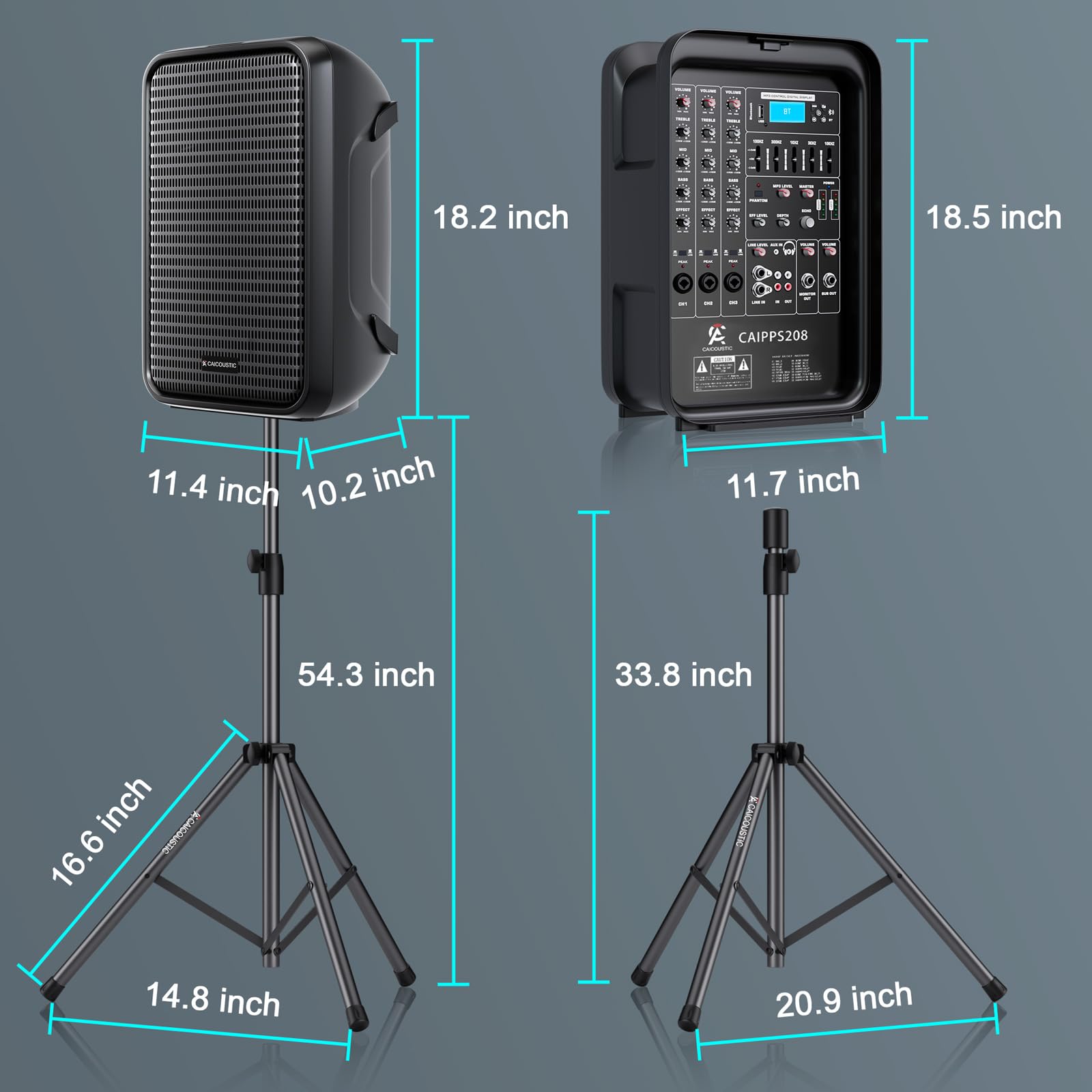 CAICOUSTIC All-in-One 2-Way PA Speaker System DJ Mixer Bundle,300W 8-Channel Mixer Bluetooth, Amplifier Kit with 8" Subwoofer and 1" Horn Tweeter,USB,2 Speaker Stands, Mic