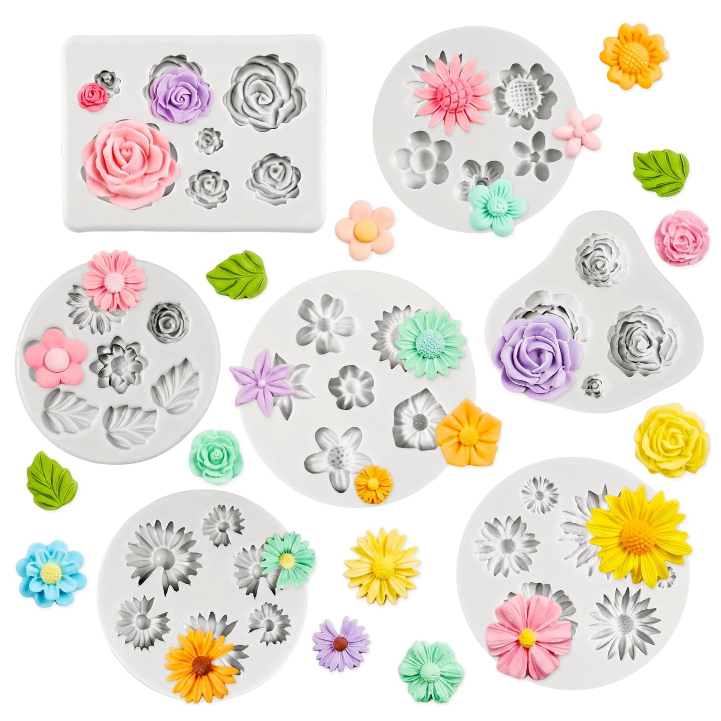 Fnuqz 7 Pcs Grey Silicone Flower Molds Non-Stick Reusable Fondant Chocolate Molds with Floral Leaves Designs for Cake Decorating Cupcake Toppers Candy Resin Craft Wax Candle Soap DIY Making