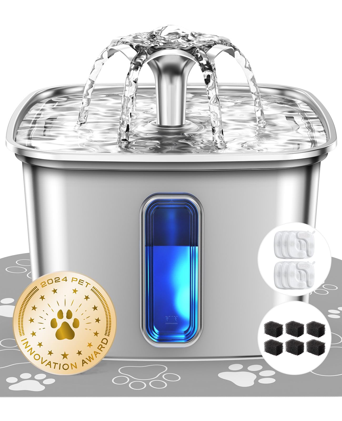 Veken Innovation Award Winner Stainless Steel Cat Water Fountain, Automatic Pet Fountain Dog Water Dispenser with Replacement Filters & Silicone Mat for Cats, Dogs, Multiple Pets