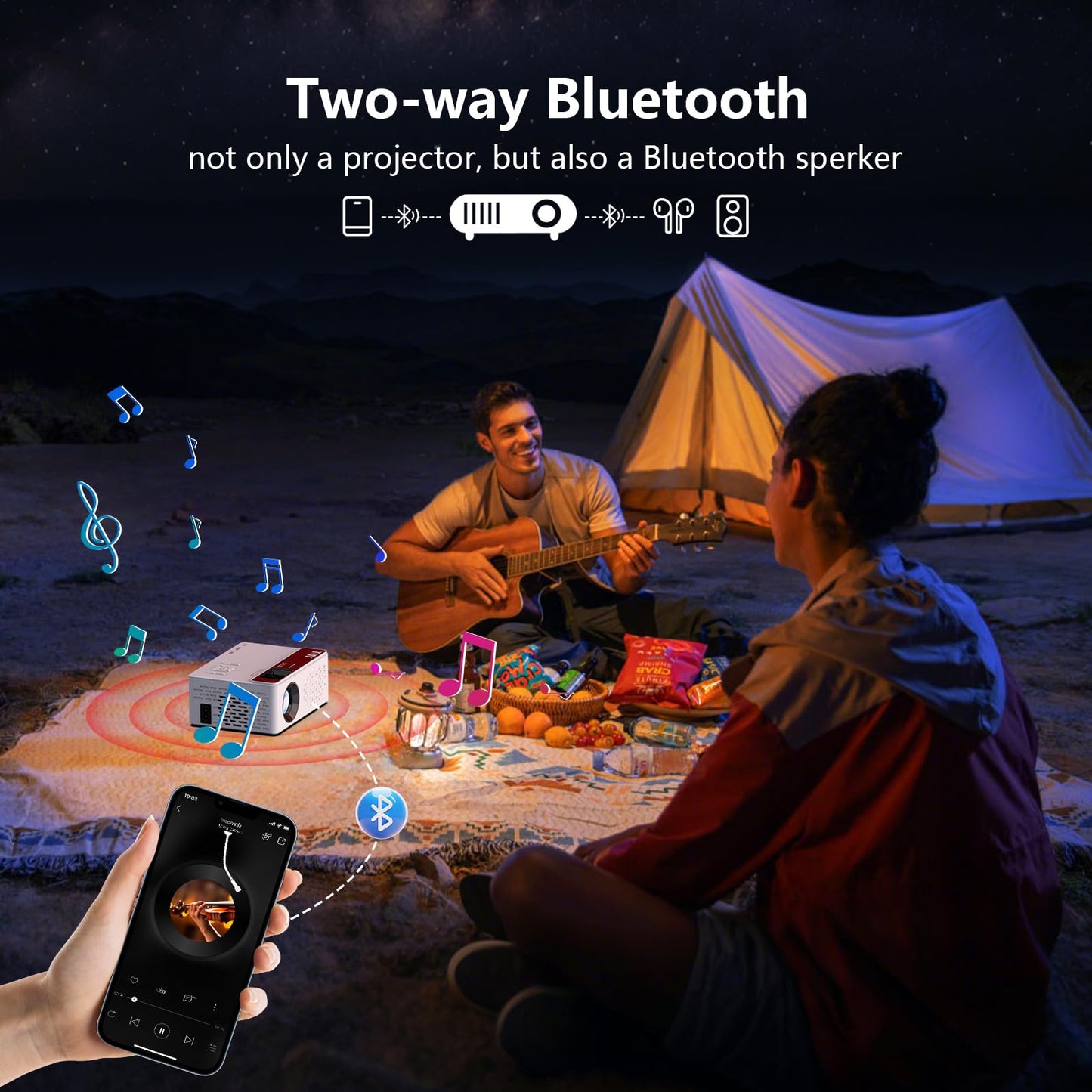 TMY 1080P Full HD Portable Mini Projector, Bluetooth Movie Projector, Compatible with TV Stick/Smartphone/PC/Game Console/HDMI/USB, Indoor & Outdoor Use