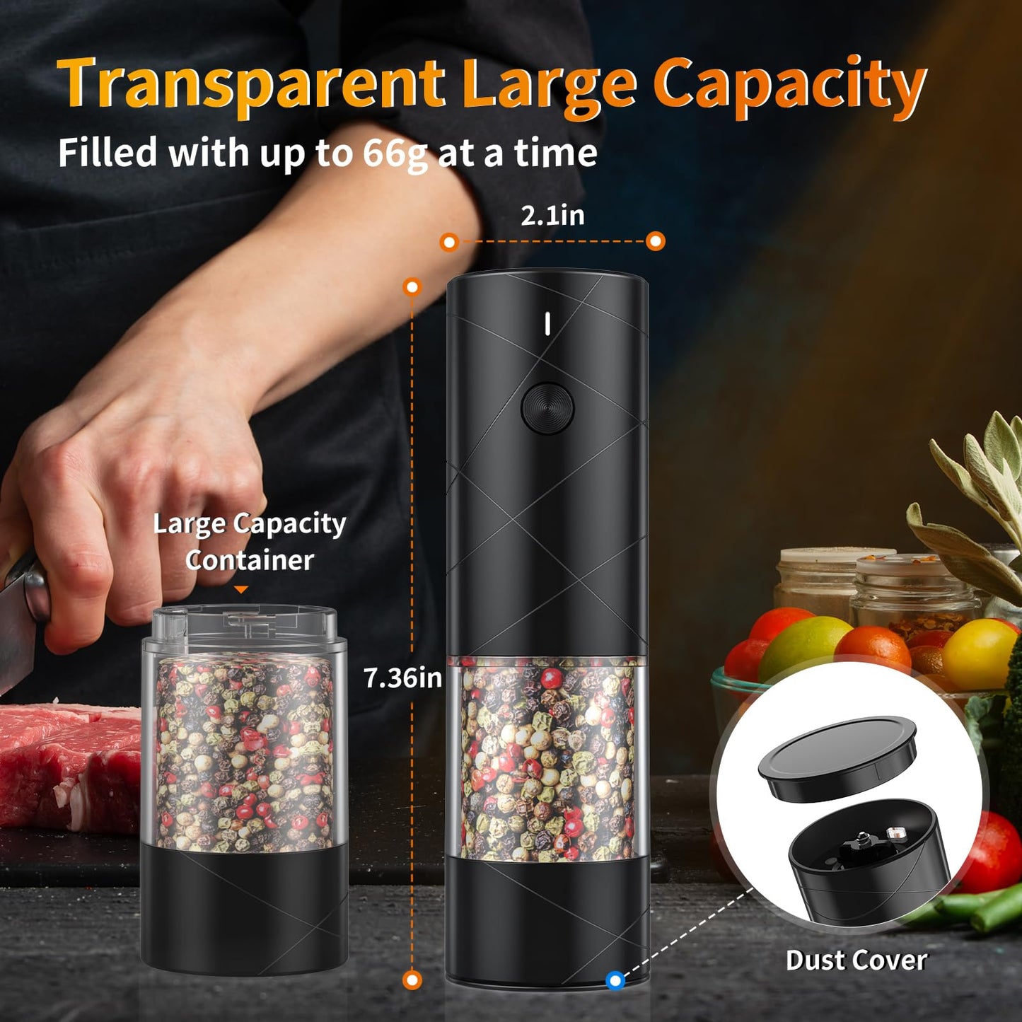 Electric Salt and Pepper Shakers Set Rechargeable with LED Light, Adjustable Coarseness Lidaop Large Capacity Automatic Salt Pepper Mill Grinder for Kitchen, Restaurant, Outdoor