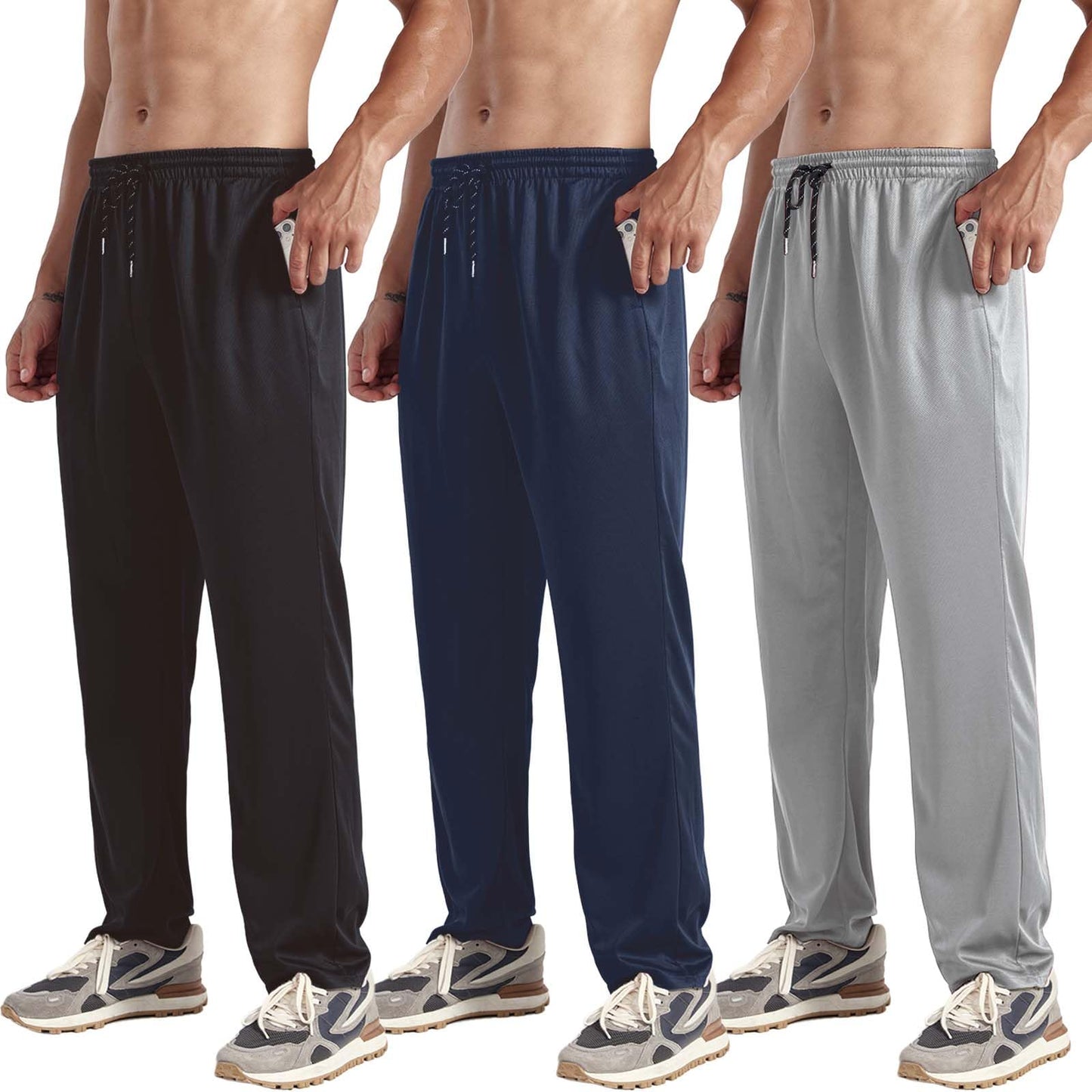 ZH 3 Pack Men's Sweatpants Open Bottom Joggers Lightweight Quick Dry Athletic Pants with Pockets for Workout & Lounge