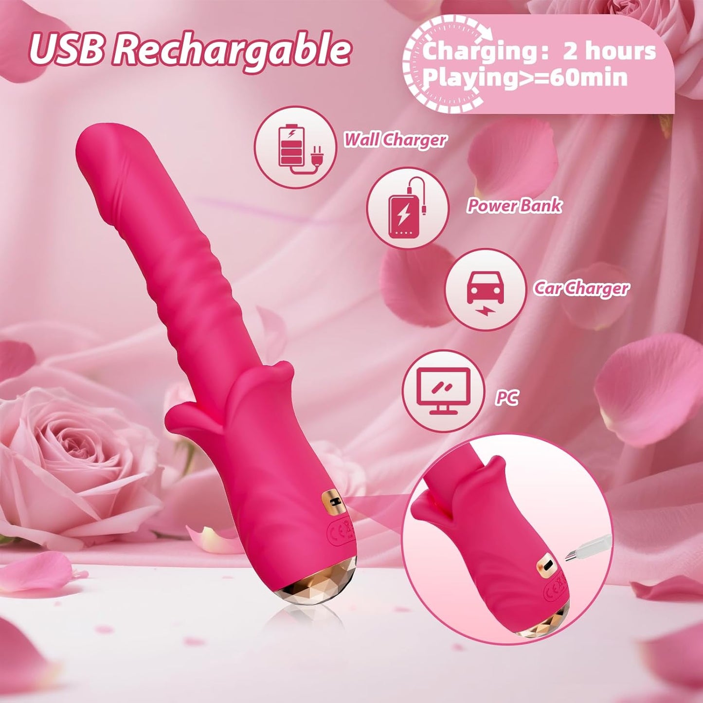 DFEUSY Thrusting Dildo Vibrator 9x9 Modes Waterproof Silicone Rose