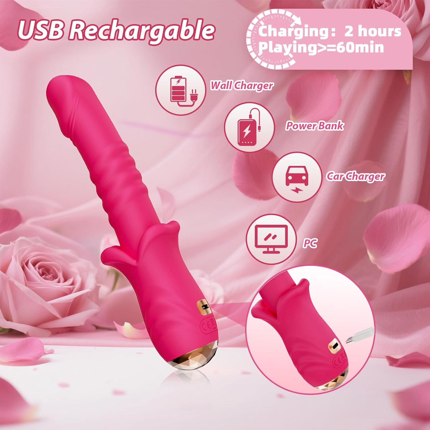 DFEUSY Thrusting Dildo Vibrator 9x9 Modes Waterproof Silicone Rose