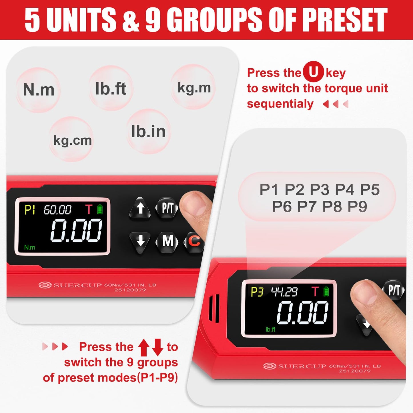 SUERCUP Digital Torque Wrenc ±1% Accuracy with Vibration, Buzzer,LED Notification and Five Units of Measure, for Car,Motorcycle Repair, DIY