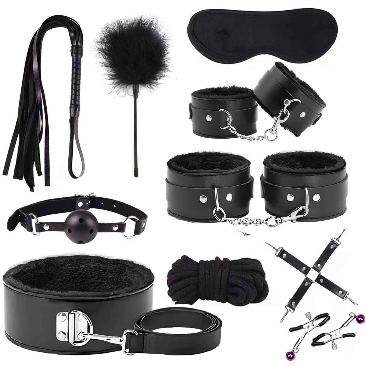15 PCS Sex Bondage BDSM Kits Restraints, Fetish Handcuffs Ankle Cuff Collar Blindfold Whip Rope Nipple Clamps Paddle Anal Toys Ball Gag Adult Games Foreplay Toys for Couples