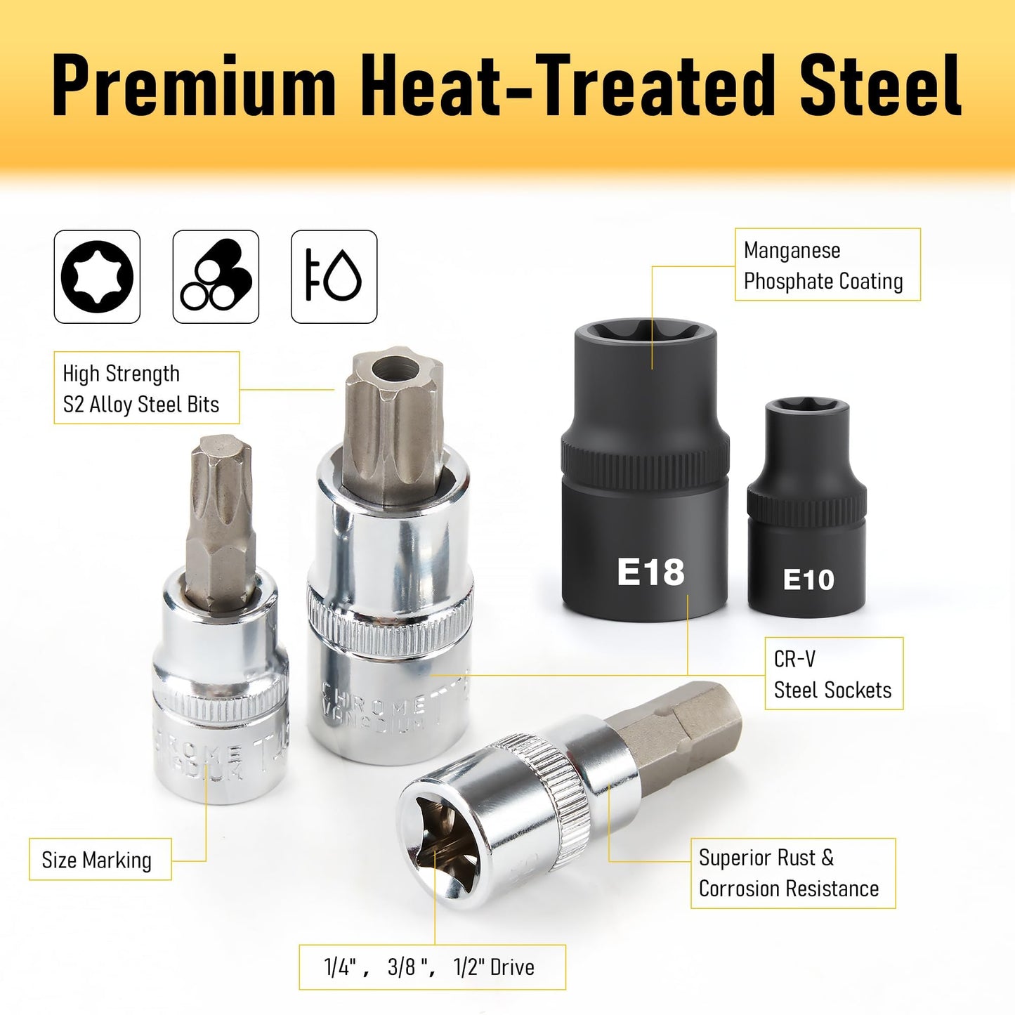 107-Piece Master Torx & Allen Bit Socket Set, S2 Steel, 1/4" 3/8" 1/2" Drive, Long Torx, Ball End Hex, Tamper-Resistant Star, E-Star Sockets, SAE & Metric