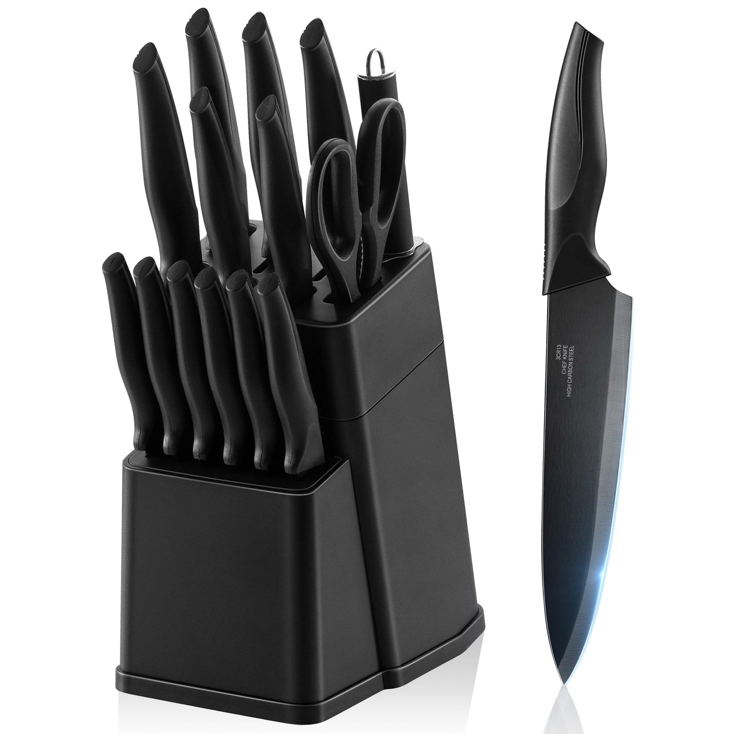 E-far 15-Piece Black/Khaki/White/Pink/Walnut Kitchen Knife Block Set