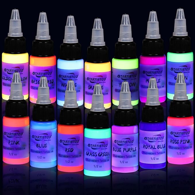 GTARTISTOO Professional Tattoo Ink Set 14 Colors 15ml Fluorescent