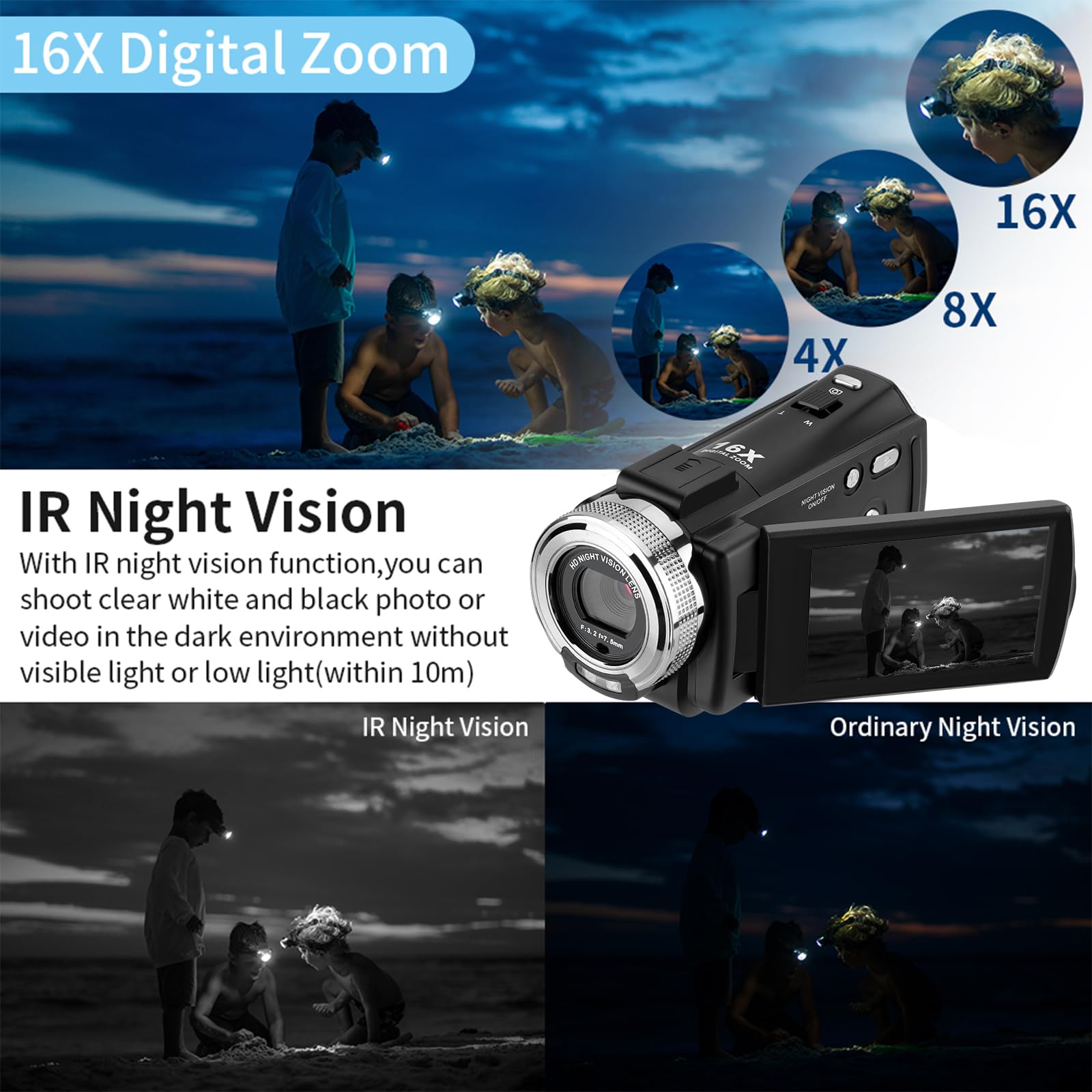 ORDRO HDV-V12 Video Camera Full HD Camcorder Digital Recorder | 1080P 30FPS 30MP | 3.0 Inch Rotation LCD | 16X Digital Zoom | Infrared Night Vision - Black (V12+16GB Card)