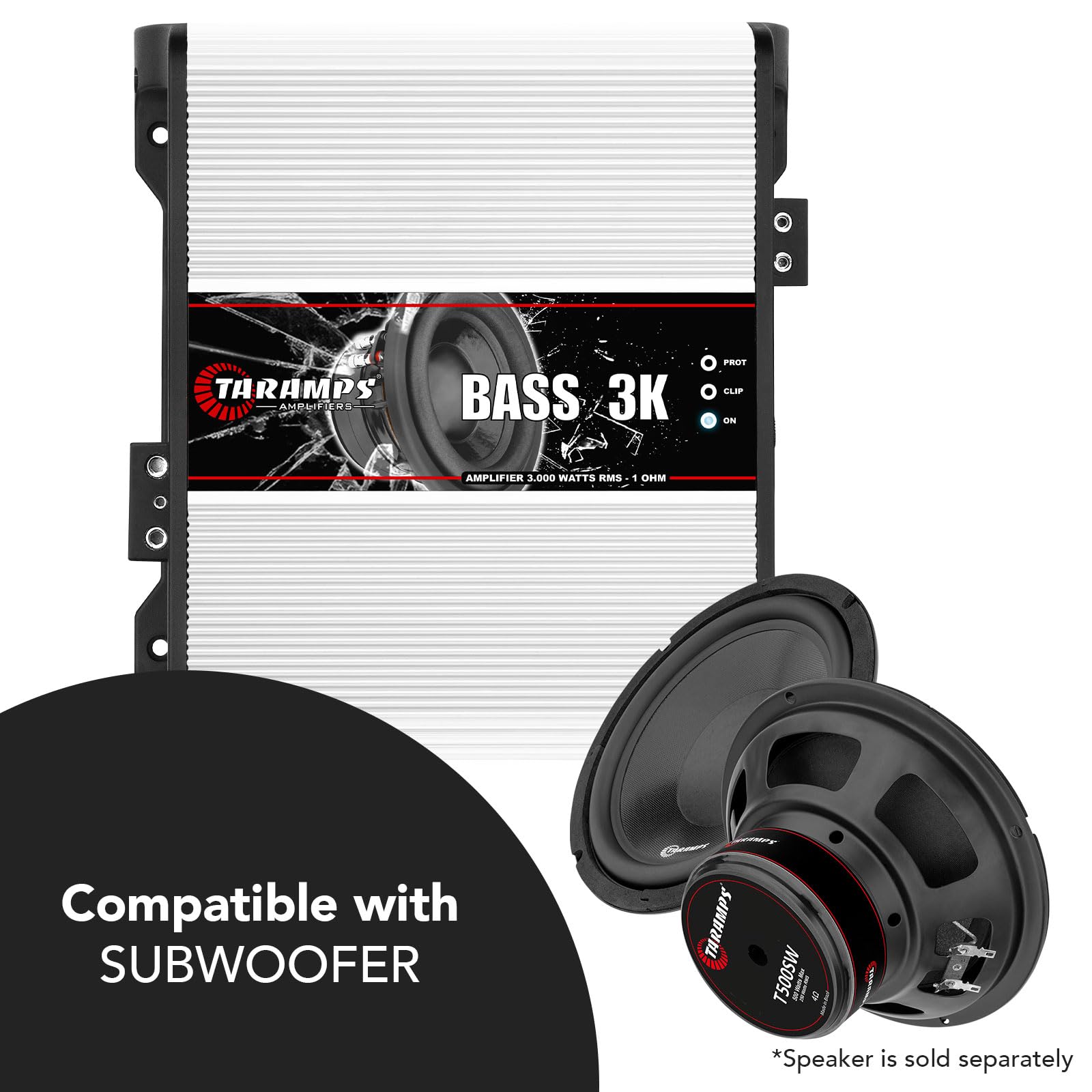 Taramps BASS 3k 1 Ohm 1 Channel Mosfet Amplifier 3000 Watts RMS, Monoblock, Subsonic Filter, Low Pass Crossover, Bass Boost, RCA, Class D, Car Audio System, Great for Subwoofers, Max Power