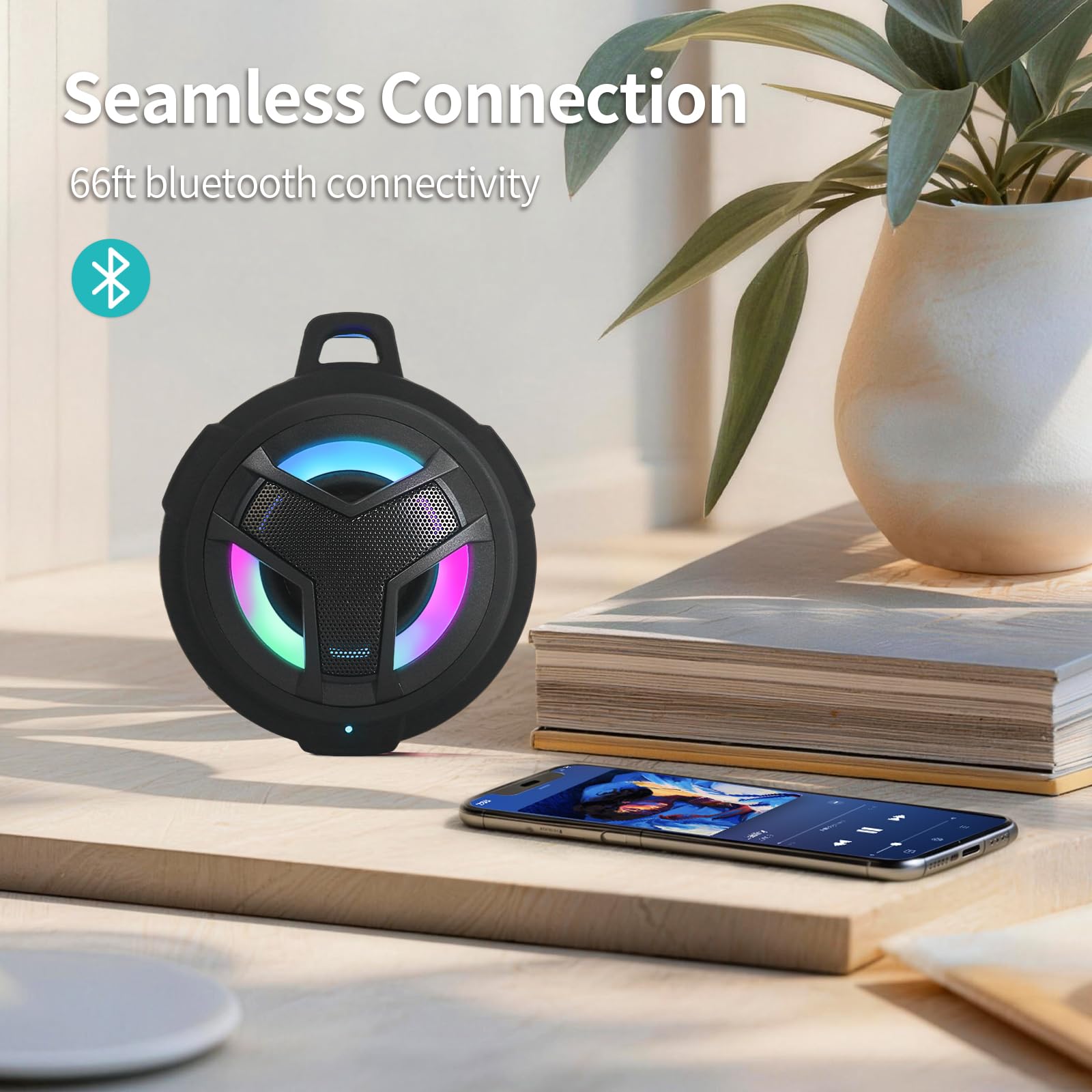 EBODA Shower Speaker, IP67 Waterproof Portable Bluetooth Speakers, TWS Speakers with Stereo Sound, Colorful LED Light and 2000mAh, Hands-Free Calling, Great for Shower, Pool, Beach, Hiking, Camping