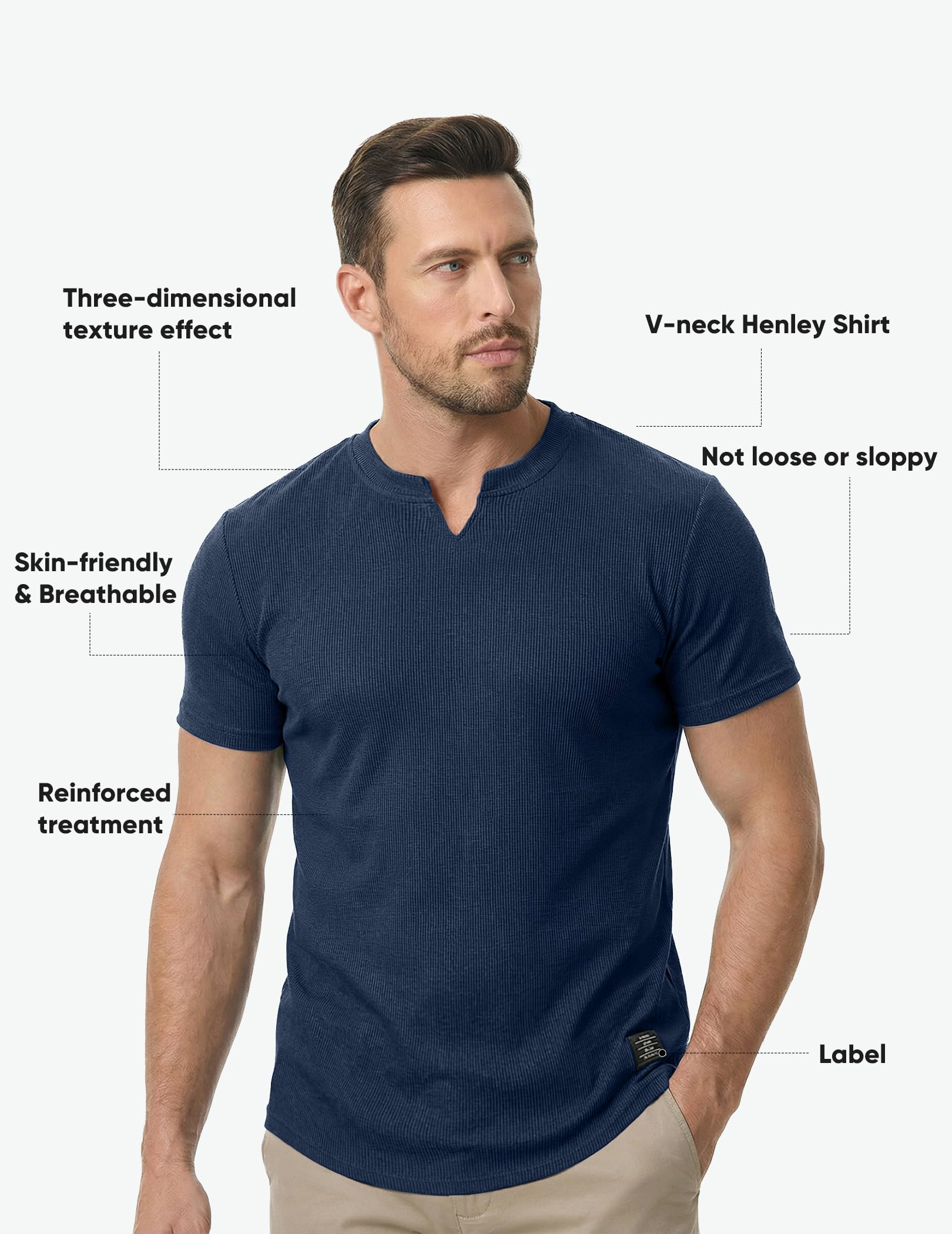 JMIERR Mens Muscle Slim T Shirts Texture V Neck Longline Henley Gym Workout Athletic Tee Shirt